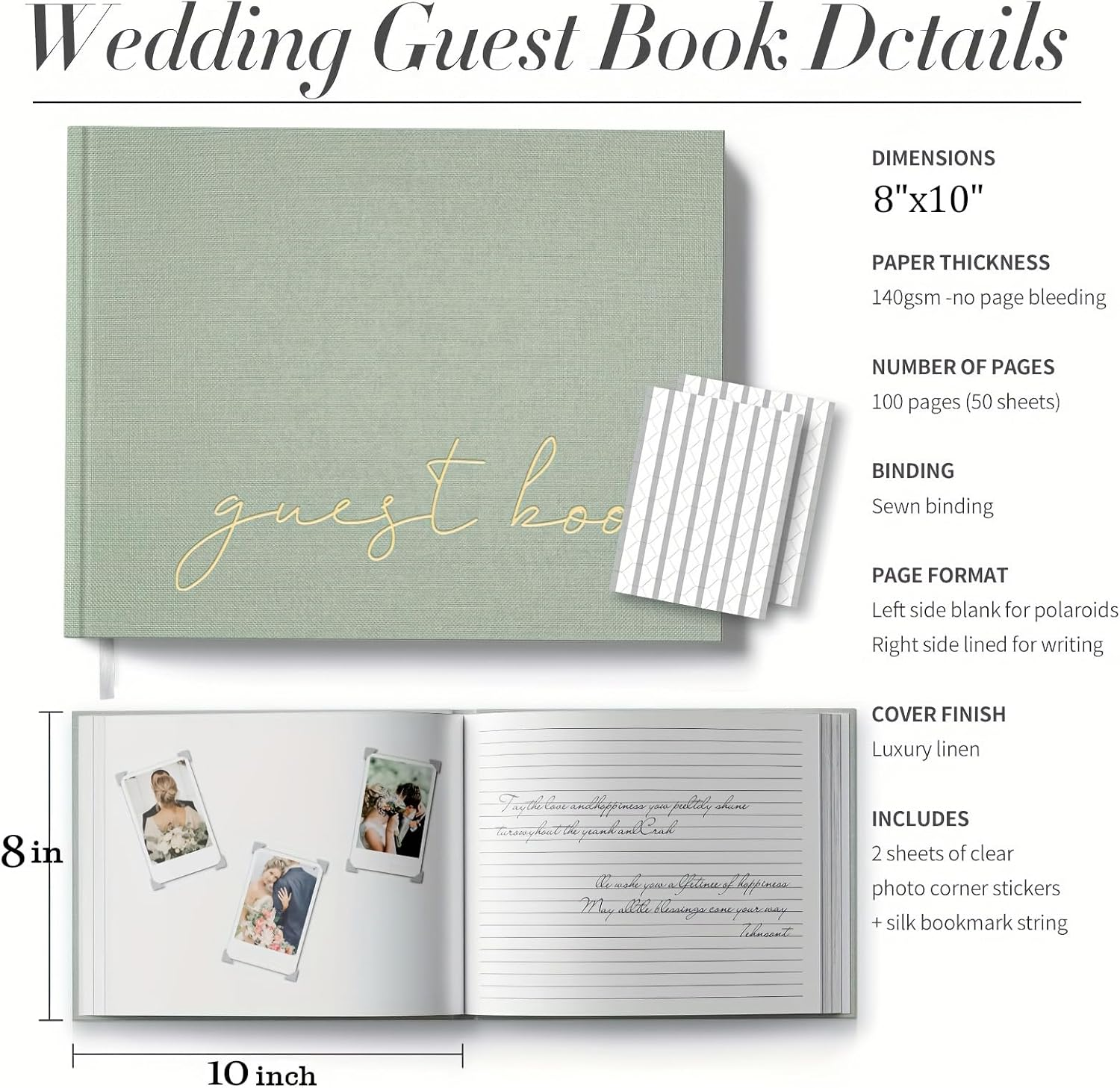 Wedding Guest Book for Memorial Service, Half Blank and Lined Guestbook Alternative with Table Sign, 108 Polaroid Photo Corners Stickers, Baby Shower, 100 Pages - Sage 8X10&rdquo;