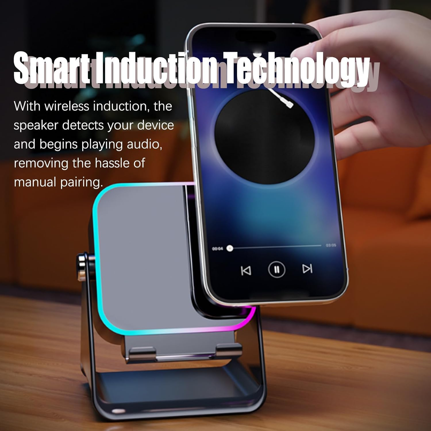 5 in 1 Wireless Induction Bluetooth Speaker, Wireless Induction Speaker with Adjustable Phone Stand, Versatile Audio Stand and Portable Connect Audio Player for Travel Christmas Surprise (Black) - White image number 2