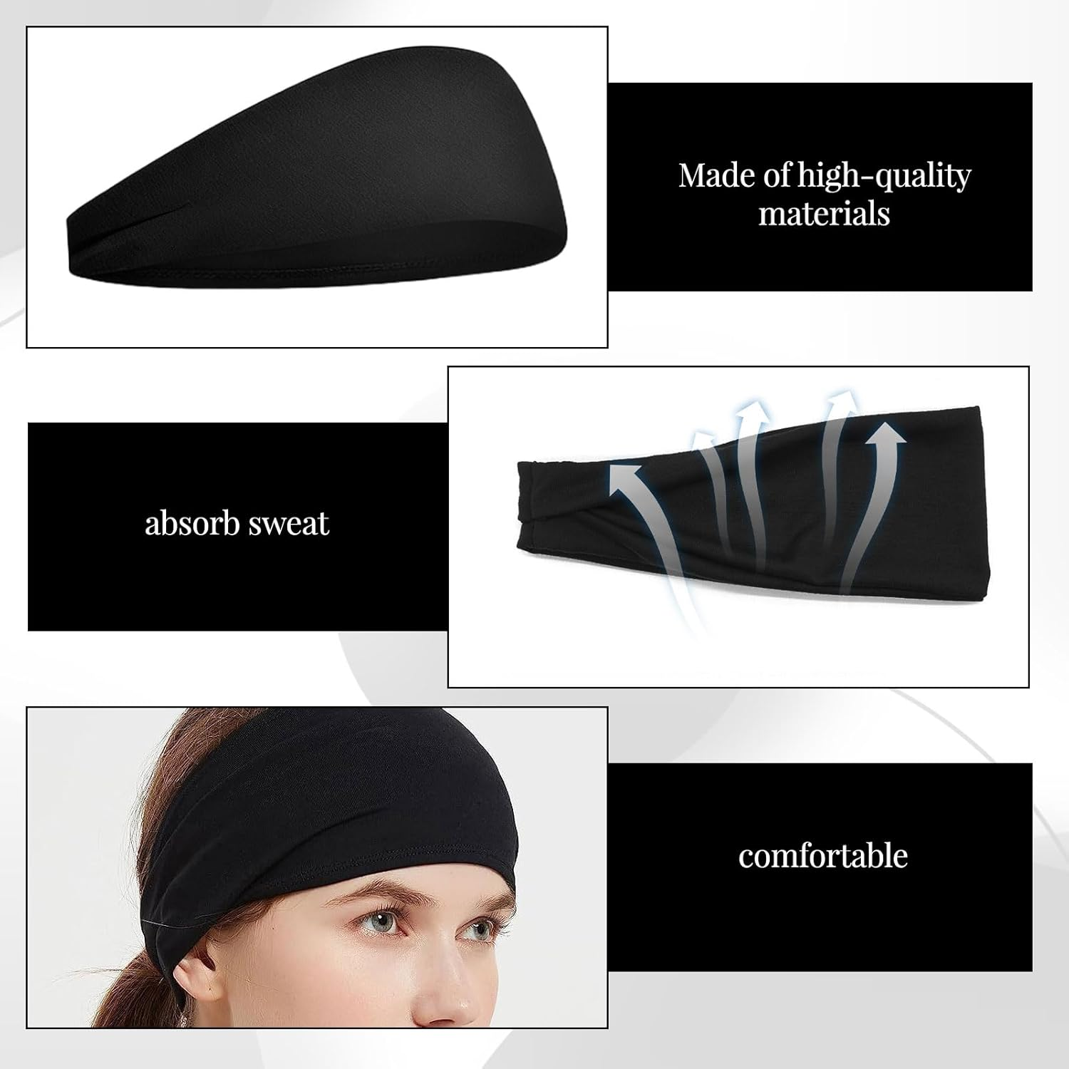 Headbands for Women and Men, 6 Pcs Sports Headband, Elastic Athletic Sweat Band, Hair Band for Men, Workout Headband, Non-Slip Wide Yoga Headband, Black Headband for Running, Cycling, Basketball image number 5