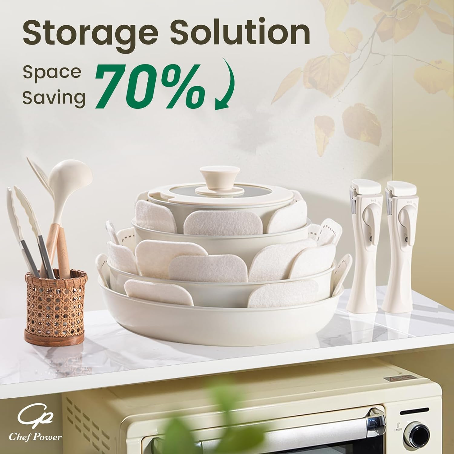 Chef Power Ceramic Nonstick Cookware Set 19 Piece with Detachable Handle, Induction Dishwasher Oven Safe Pans and Pots Set, RV Kicthen Set Removable Handle, Cream White image number 1