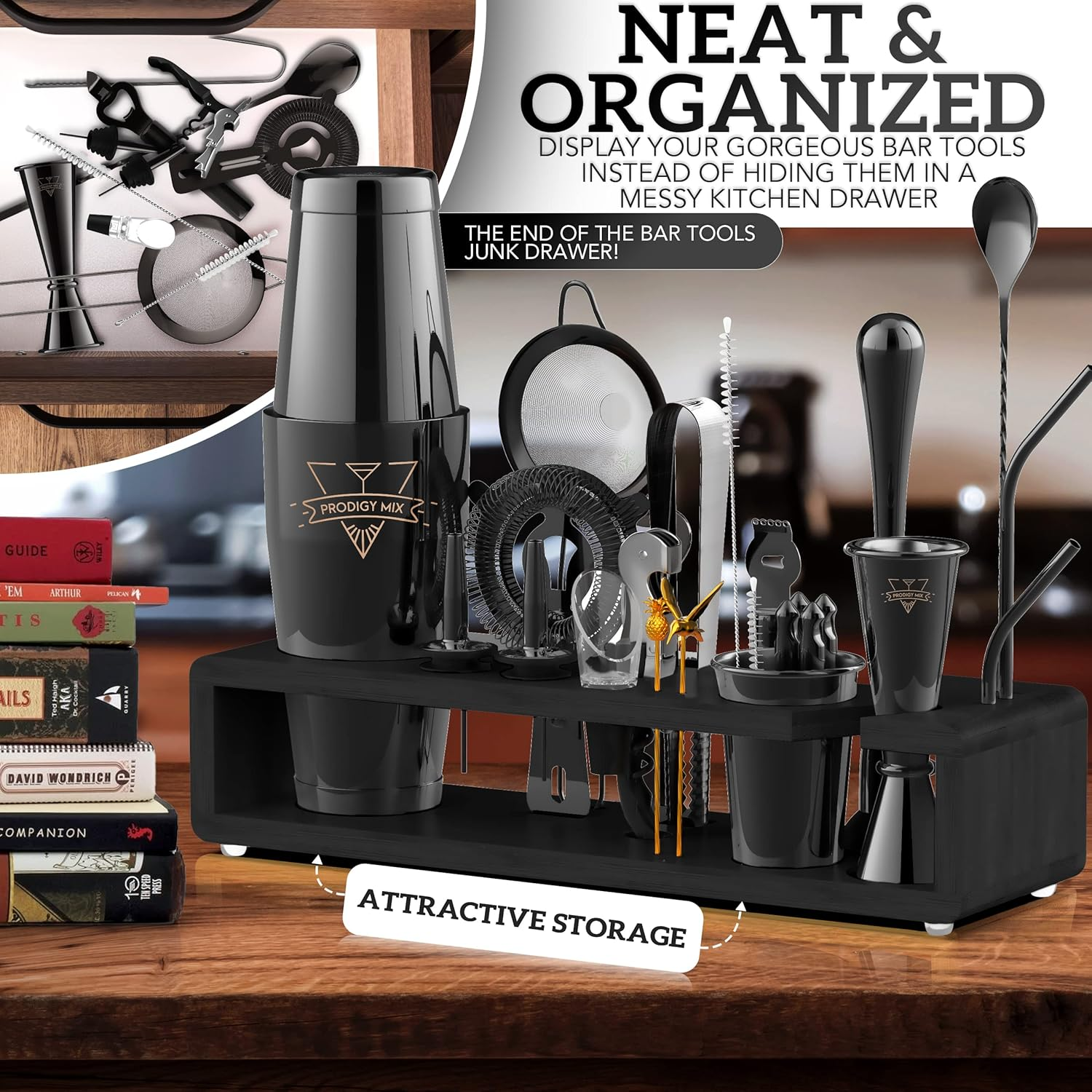 Prodigy Mix the Complete Mixology Bartender Kit 20-Piece Boston Cocktail Shaker Set - Premium Bar Accessories & Tools Set, Bonus Velvet Bag Recipe Cards, Stainless Steel Drink Mixer (Gunmetal-Black)