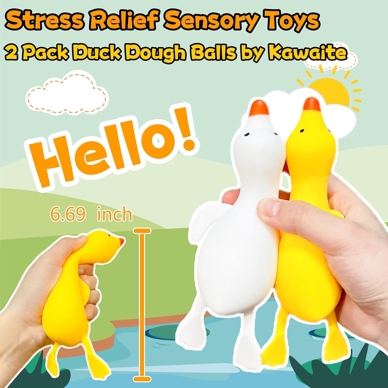 Stretchy Stress Relief Balls (Set of 2) Duck Squeeze Ball Sensory Fidget Toys | Anxiety Relief Animal Dough Balls for Boys, Girls, Kids, Adults | Squishy Stress Balls Squish Toys image number 6