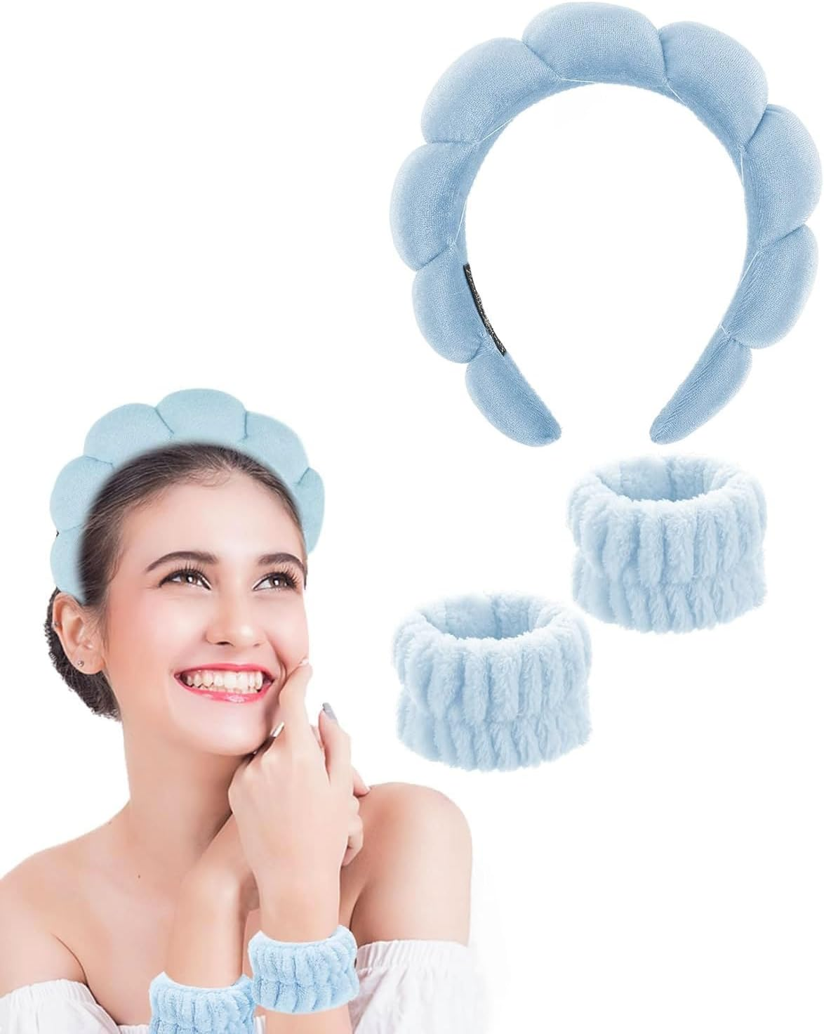 TPZORJX Sponge Headband Bracelet Sets for Washing Face Makeup Headbands for Women Girls Skin Care Removal Spa Yoga Sports Shower Headband Terry Towel Fabric Hair Band - Blue image number 1