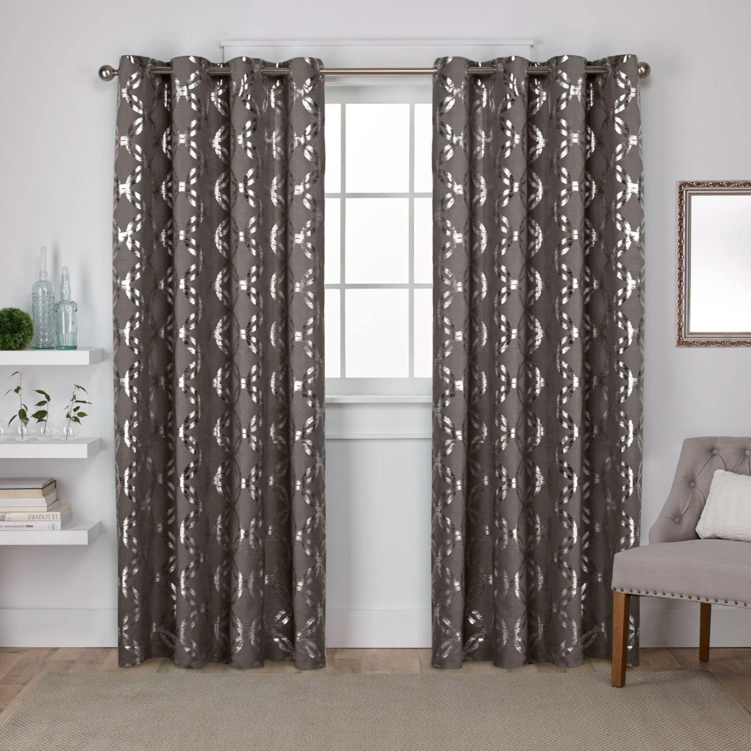 Exclusive Home Curtains Exclusive Home Modo Metallic Geometric Grommet Top Curtain Panel Pair, 54X96, Winter White, 2 Count