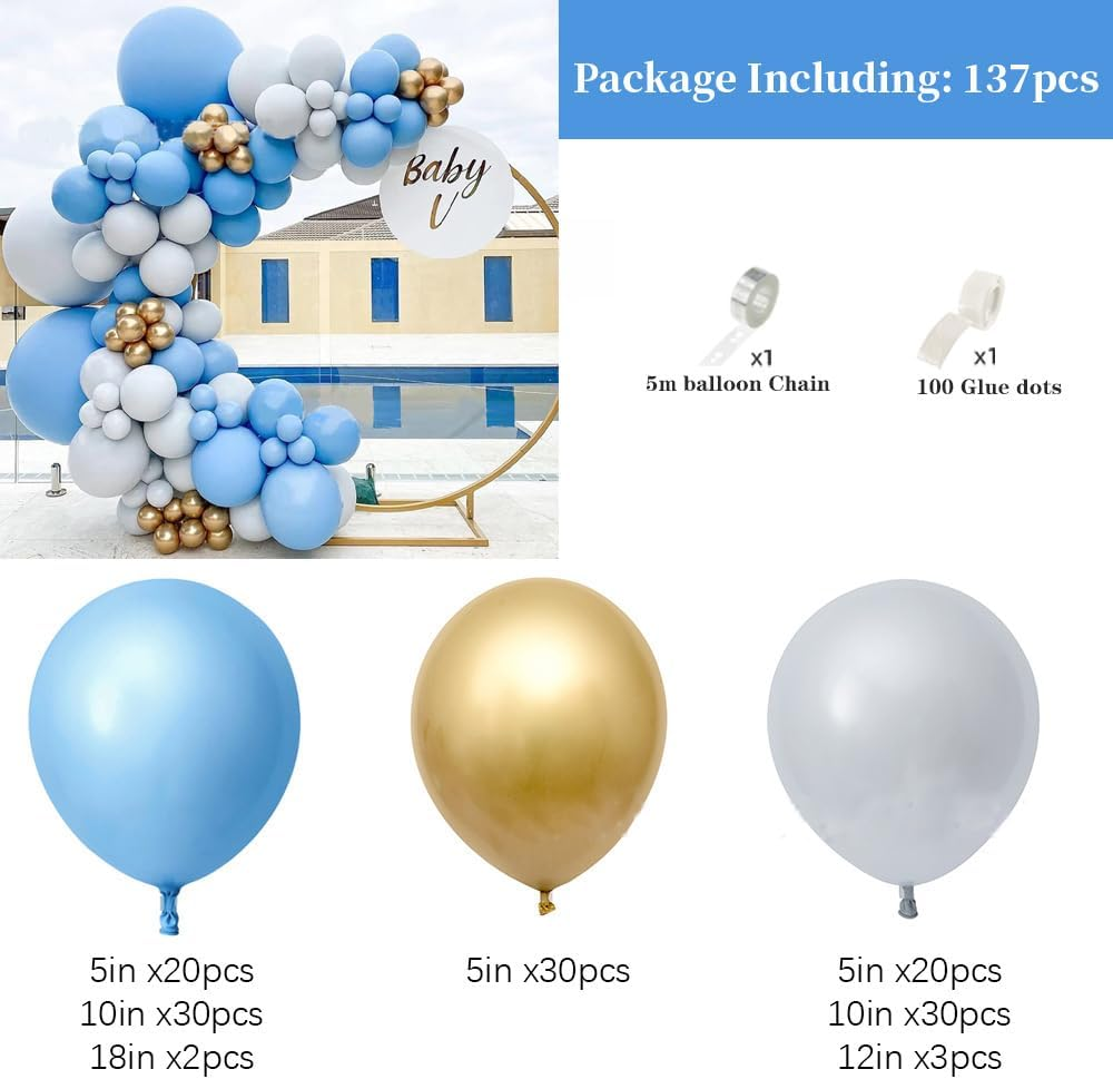 137 PCS Macaron Blue Gold Balloons Set,Macaroon Blue Gold Latex Balloons Garland Arch Kit for Birthday Wedding Graduations Party Decorations,Blue Naval Style image number 3