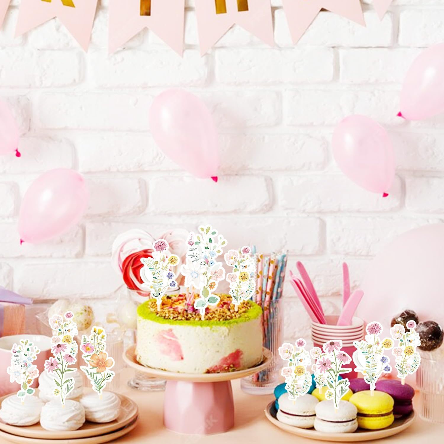 Rngmsi Wildflower Birthday Party Decorations - 40PCS Floral Cupcake Toppers Baby in Bloom Baby Shower Cake Decorations Wildflower Baby Shower Decorations Flower Birthday Cupcake Toppers Girls image number 3