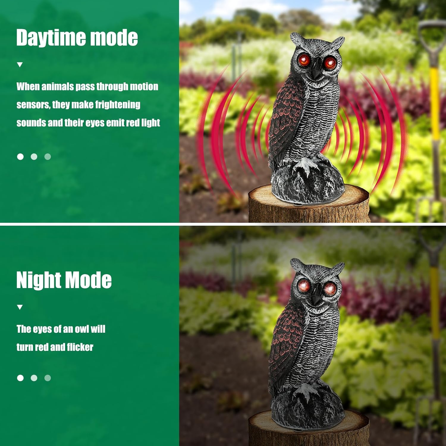 Solar Owl Decoys, Owl Bird Deterrent to Scare Birds Away with Red Flashing Eyes & Scaring Sound, 2 Working Modes Waterproof Solar Scarecrow Easy to Install to Keep Birds Away Outdoor (Set 01) - Set 02 image number 2