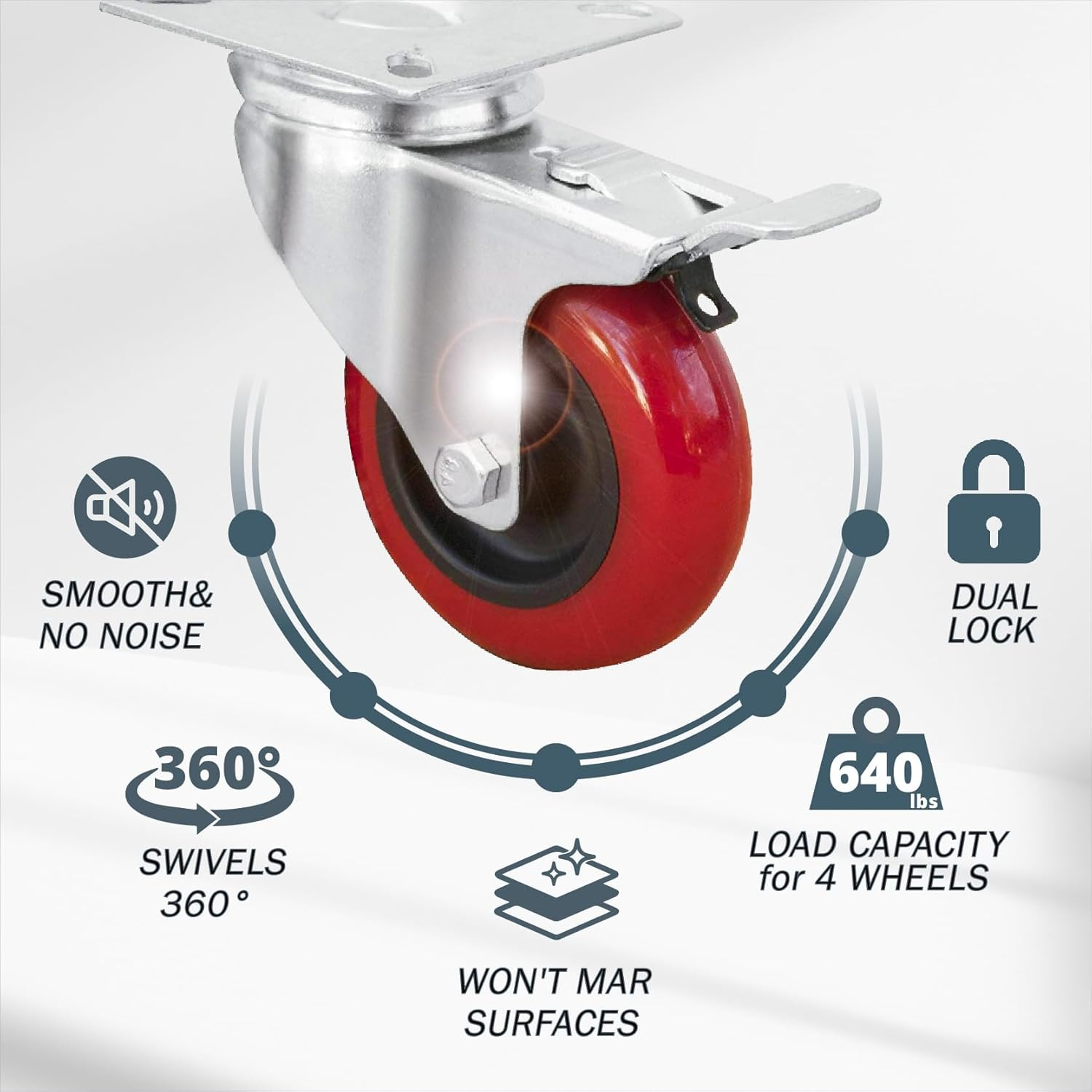 POWERTEC 3 Inch Swivel Caster Wheels Set of 4 with Brake & 640 Lbs Loads, Heavy Duty Plate Casters, Dual Locking PU Castor Wheels for Furniture, Cart, Dolly and Workbenches (17205) image number 6