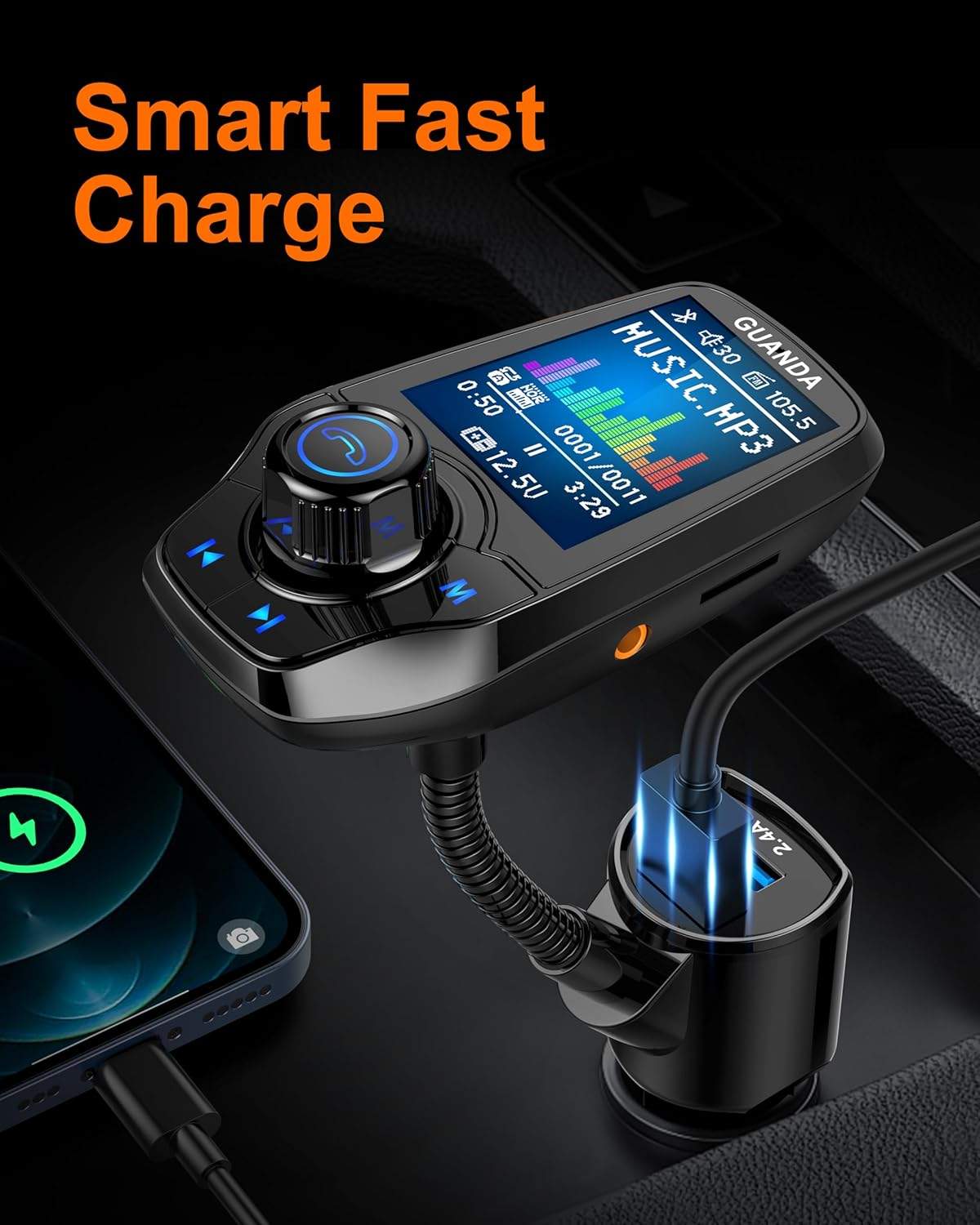 Bluetooth FM Transmitter In-Car Wireless Radio Adapter Kit W 1.8" Color Display Hands-Free Call AUX In/Out SD/TF Card USB Charger Fast Charging 18W for All Smartphones Audio Players - RM100 Black image number 3