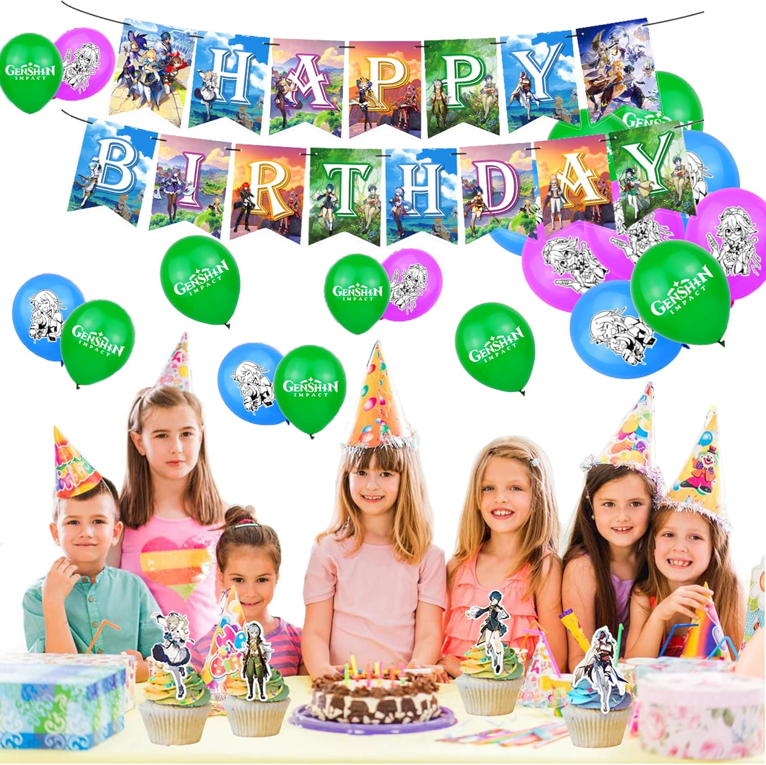 Genshin Impact Birthday Balloons & Decorations - Blue Traveler Themed Party Pack with Banner, 16 Latex Balloons & 13 Cake Toppers image number 3