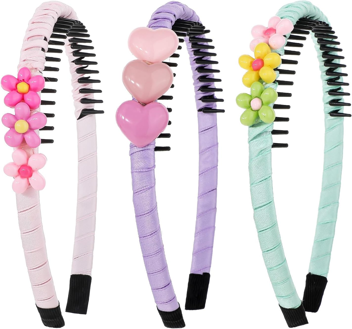 COMNICO Plastic Headbands, 3Pcs Non-Slip Headbands with Teeth Colorful Heart Flower Head Bands for Kids Cute Hair Comb Head Bands image number 2