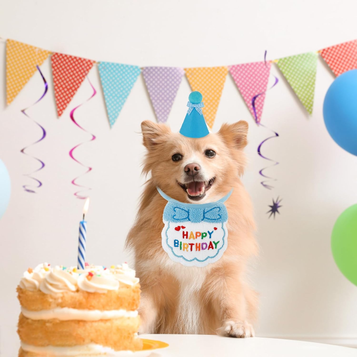Small Dog Cat Birthday Hat Scarf Set, Cute Pet Birthday Bandana Party Supplies Puppy Happy Birthday Decorations Embroidered Birthday Girls Boys Kitten Dog image number 3