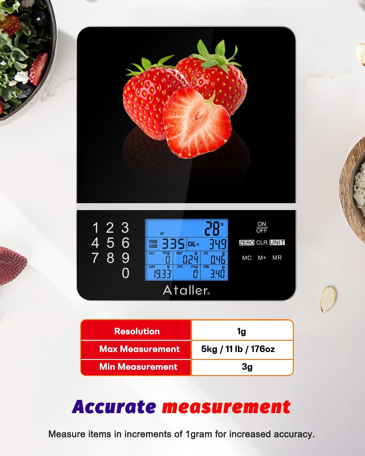 Ataller Food Scale with Nutritional Calculator, Kitchen Diet Scale, Digital Food Calorie Counting Scale for Meal Prep, Kitchen, Baking, Weight Loss, Resolution 1G, Max 5Kg 11Ib, Tempered Glass, Black image number 6