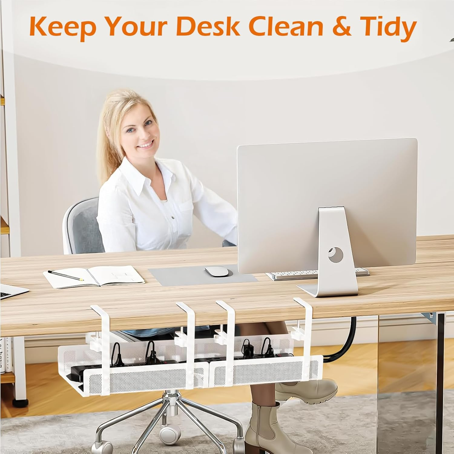 Under Desk Cable Management Tray, 27.6In No Drill Cable Tray, Desk Cable Management Box with Clamp for Desk, under Desk Storage for Office Home, White image number 3