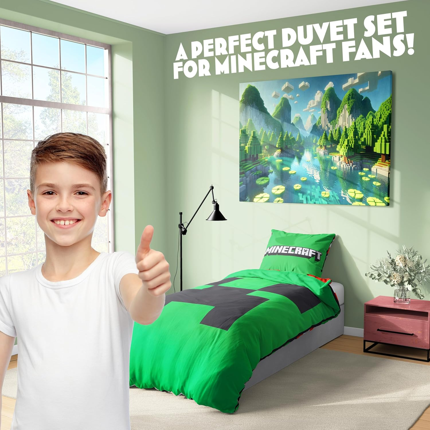 Get Trend Minecraft Single Duvet Cover Set Kids & Teens, Reversible Bedding & Pillowcase for Boys & Girls, Bedroom Accessories, Anime Gifts for Boys (Green Minecraft, Single) image number 4