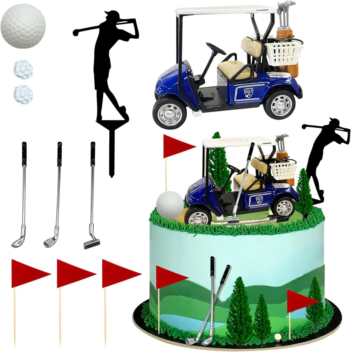 Golf Cake Decorations，Golf Cart、Ball Golfer Silhouette, Club & Flag Topper Set Fondant Cupcake Accessories,Sport Golf Theme Party Supply image number 2