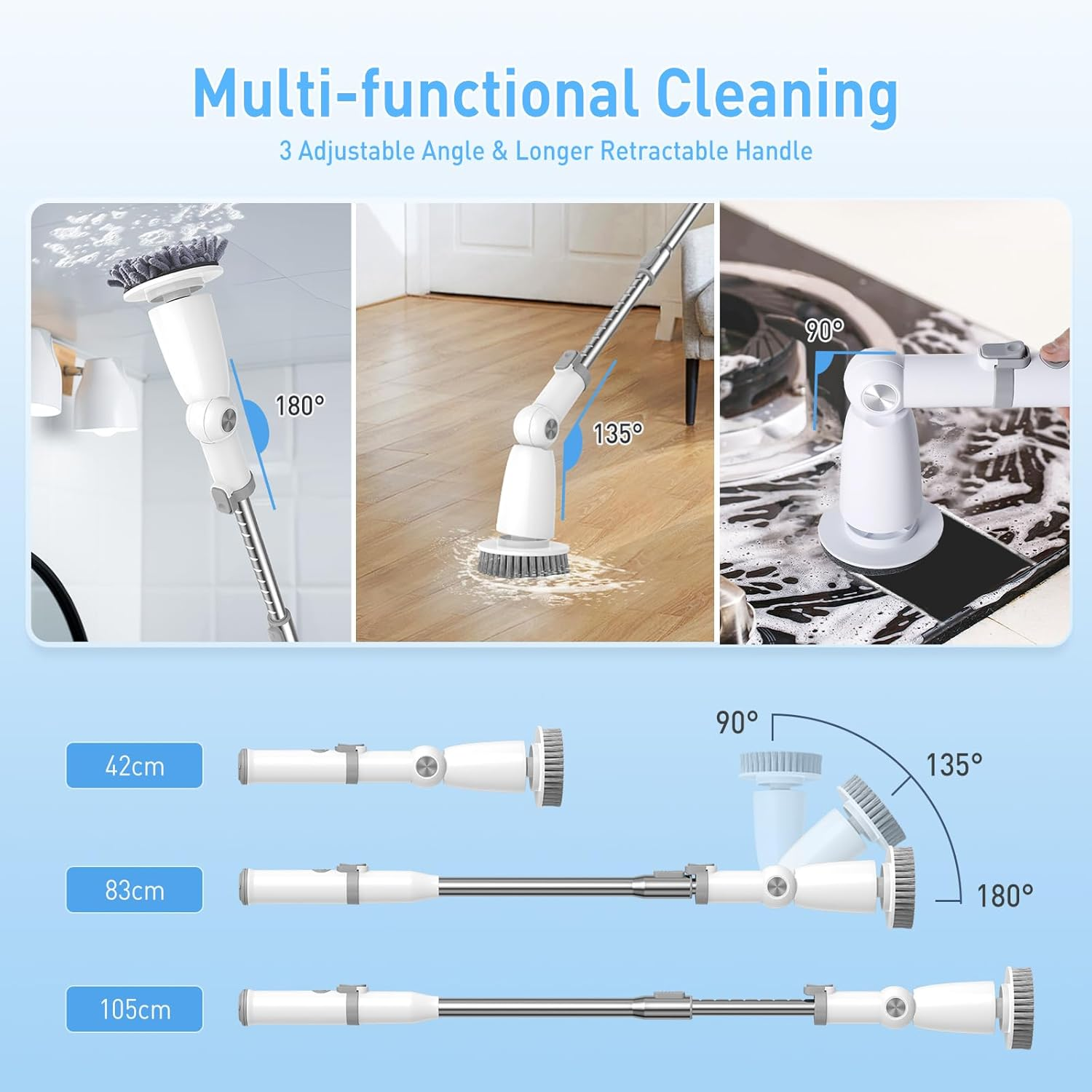 Quntis Electric Spin Scrubber, 2024 Upgrade Cordless Cleaning Brush with 6 Replaceable Brush Heads and 2 Adjustable Speeds, Power Shower Scrubber for Bathroom, Tub, Tile, Floor, Kitchen, Window image number 3