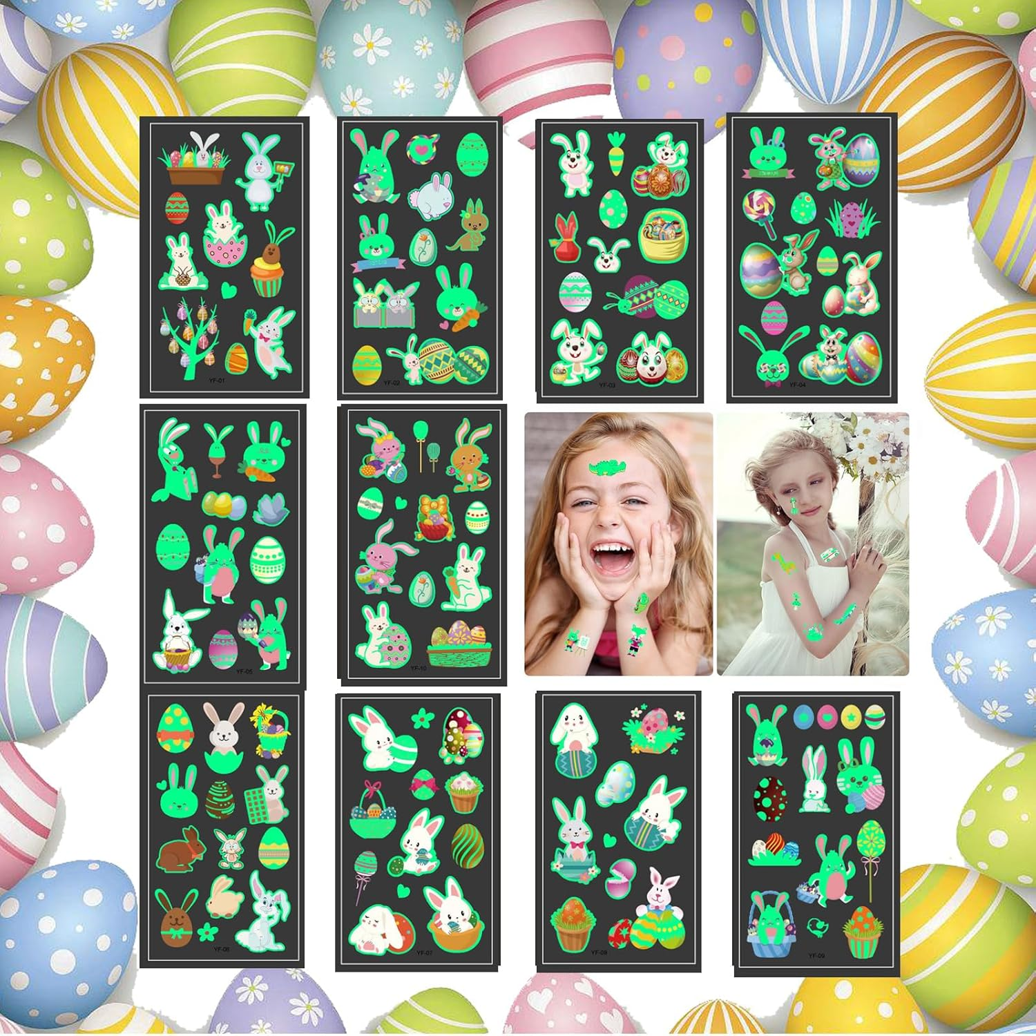 Custelen 100 Pieces Glow-In-The-Dark Easter Temporary Tattoos for Kids - Bunny, Gnome, and Easter Eggs Stickers - 10 Sheets of Waterproof Luminous Tattoo Party Favors image number 3