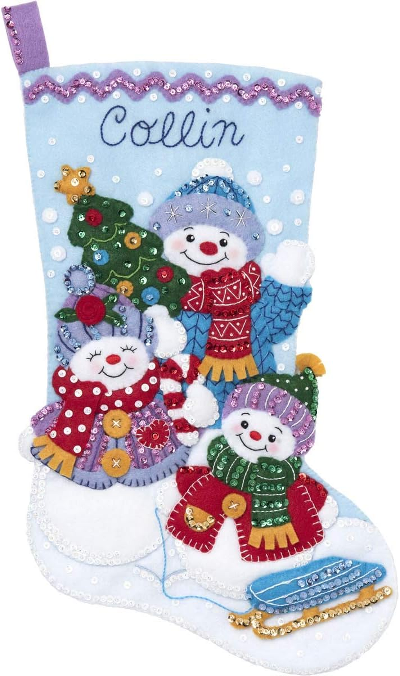 Bucilla Felt Applique Christmas Stocking Kit, 18", Snow Family Portrait image number 5