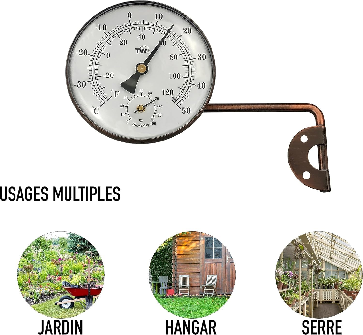 Brass Outdoor Thermometer Hygrometer with Stylish Dial Design - Garden Thermometer Suitable for outside Temperature and Humidity Meter Gauge Wall Greenhouse Garage Swinging Arm for Easy Positioning image number 6