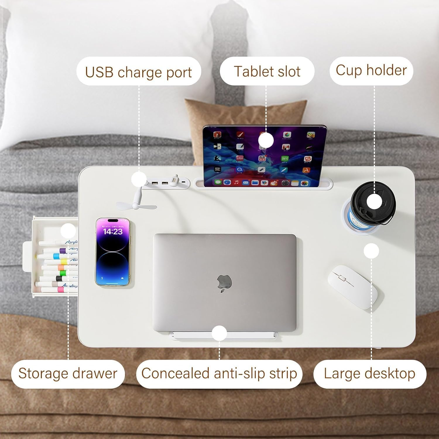 Adjustable Laptop Bed Desk with 4 USB Ports, Storage Drawer, Cup Holder, Portable Lap Desk Tray for Eating Reading Working Drawing Gaming(White) image number 5