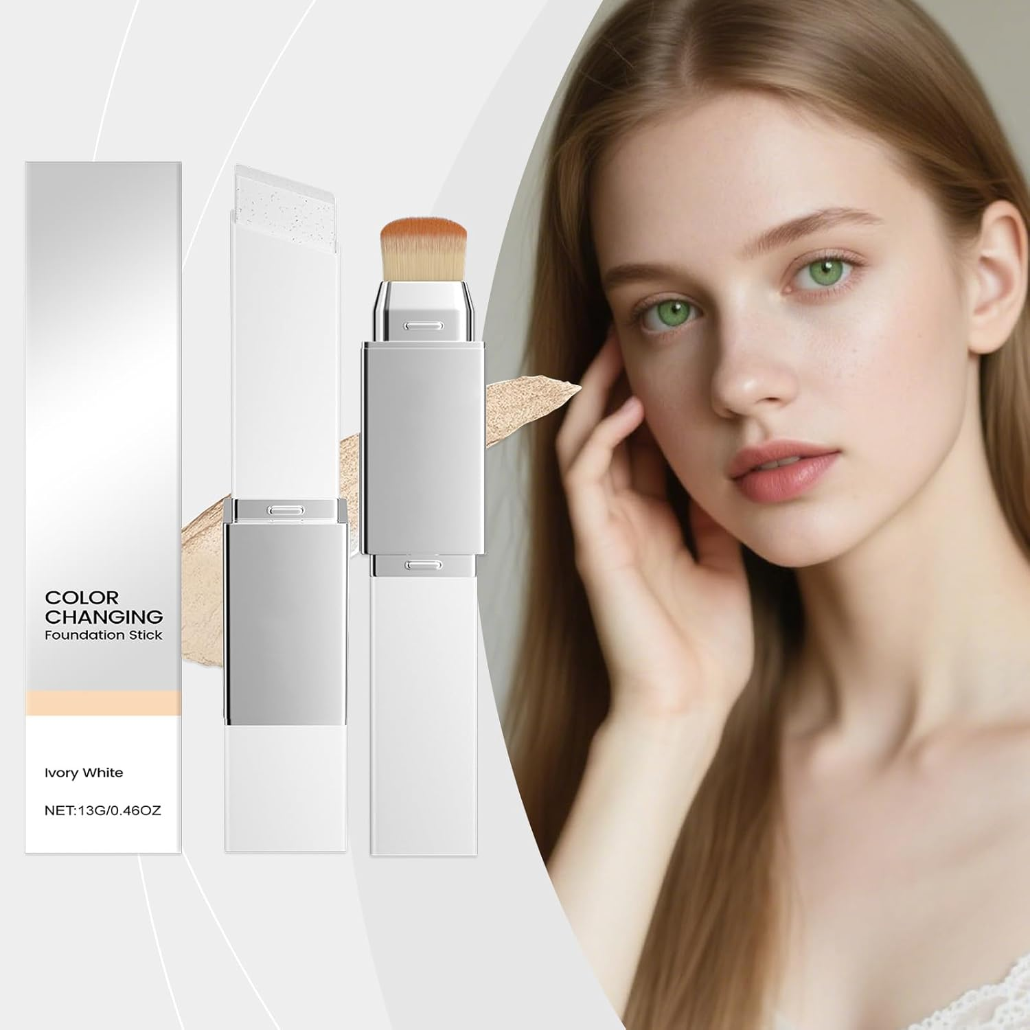 Cover Cream Stick V, Detachable Brush,Korean Color Changing Foundation With,Full to Medium Coverage Base Makeup (Ivory White)