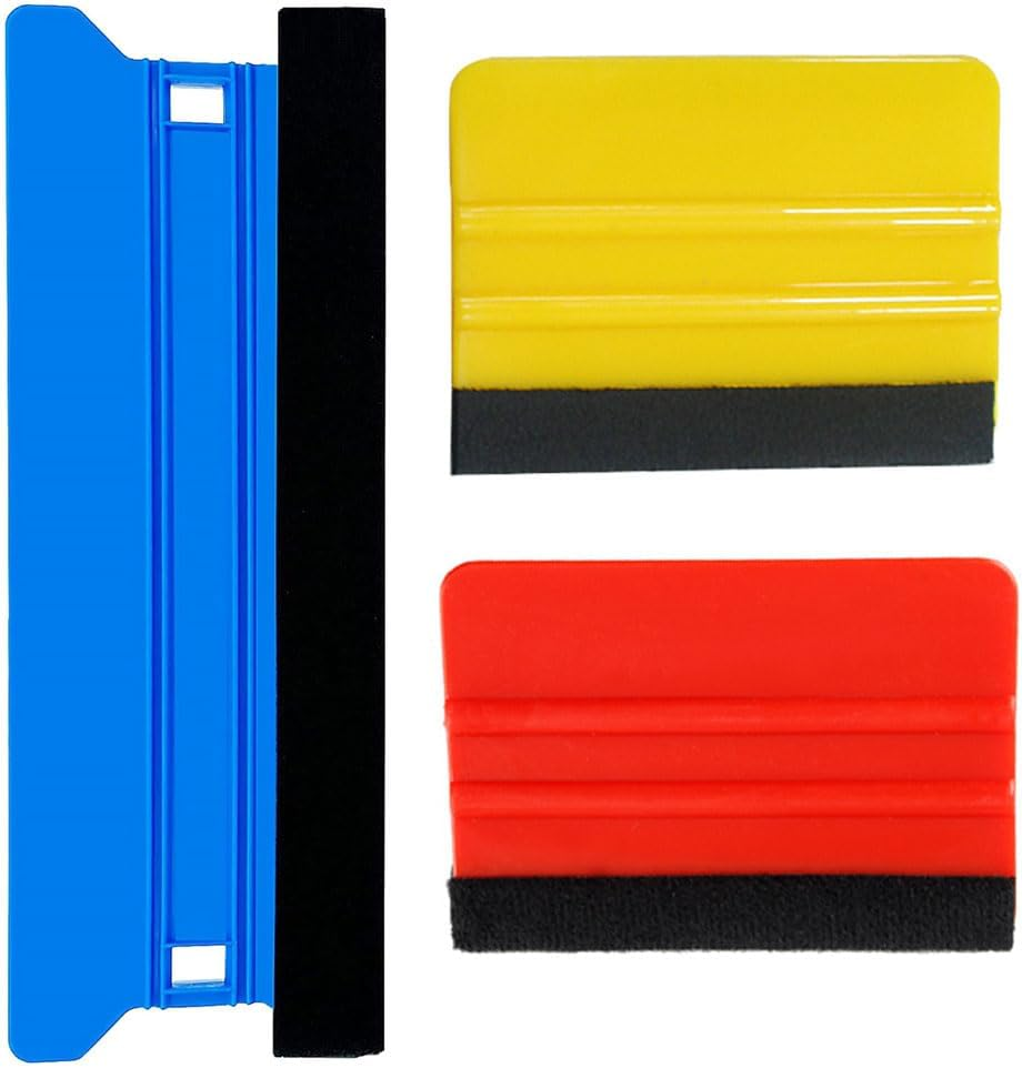 Vinyl Wrapping Tool Set, 21 Cm Felt Squeegee with 10 Cm Applicator, 3 Pieces, for Vehicle Tinting and Graphics (Black Red Yellow)