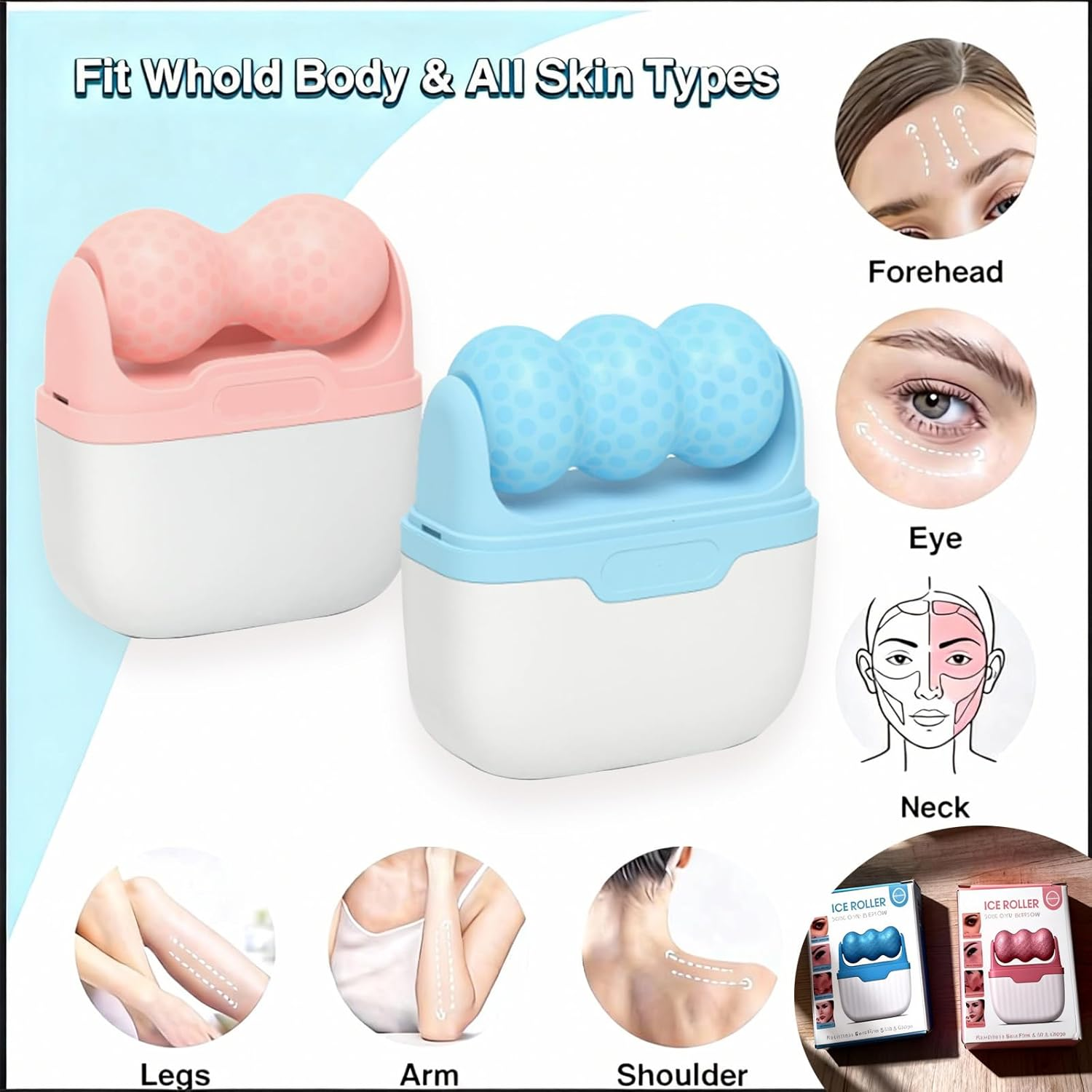 2Pcs Ice Roller Set, Face Roller & Ice Roller for Face - Cooling Facial Relaxation Massager for Puffiness & Tension (Blue & Pink) image number 5