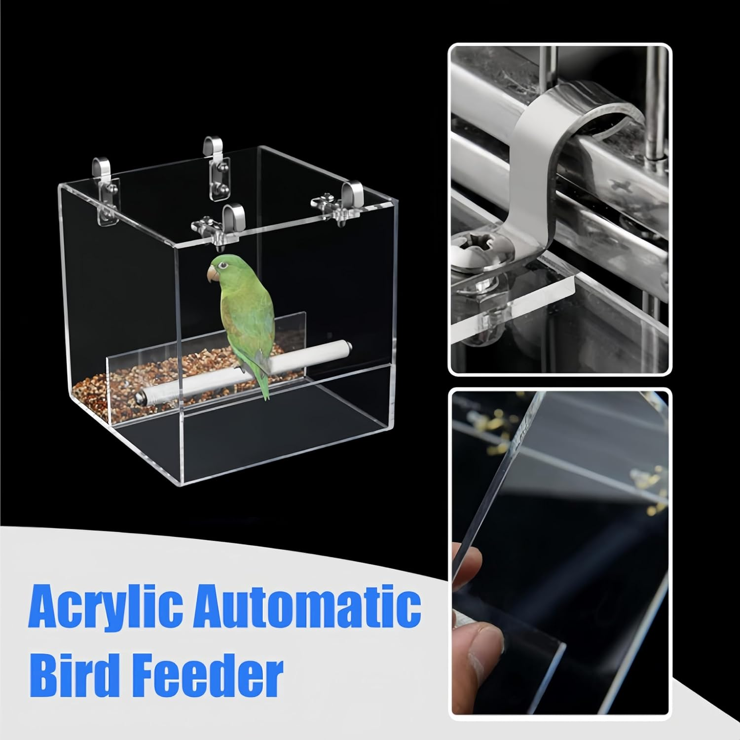 Acrylic Hanging Bird Bath Cage Bird Bathtub Bath Shower Box No-Leakage Pet Bathtub Feeder Cage Box for Parakeets Small Pet Parakeets Parrot with 4 Hooks