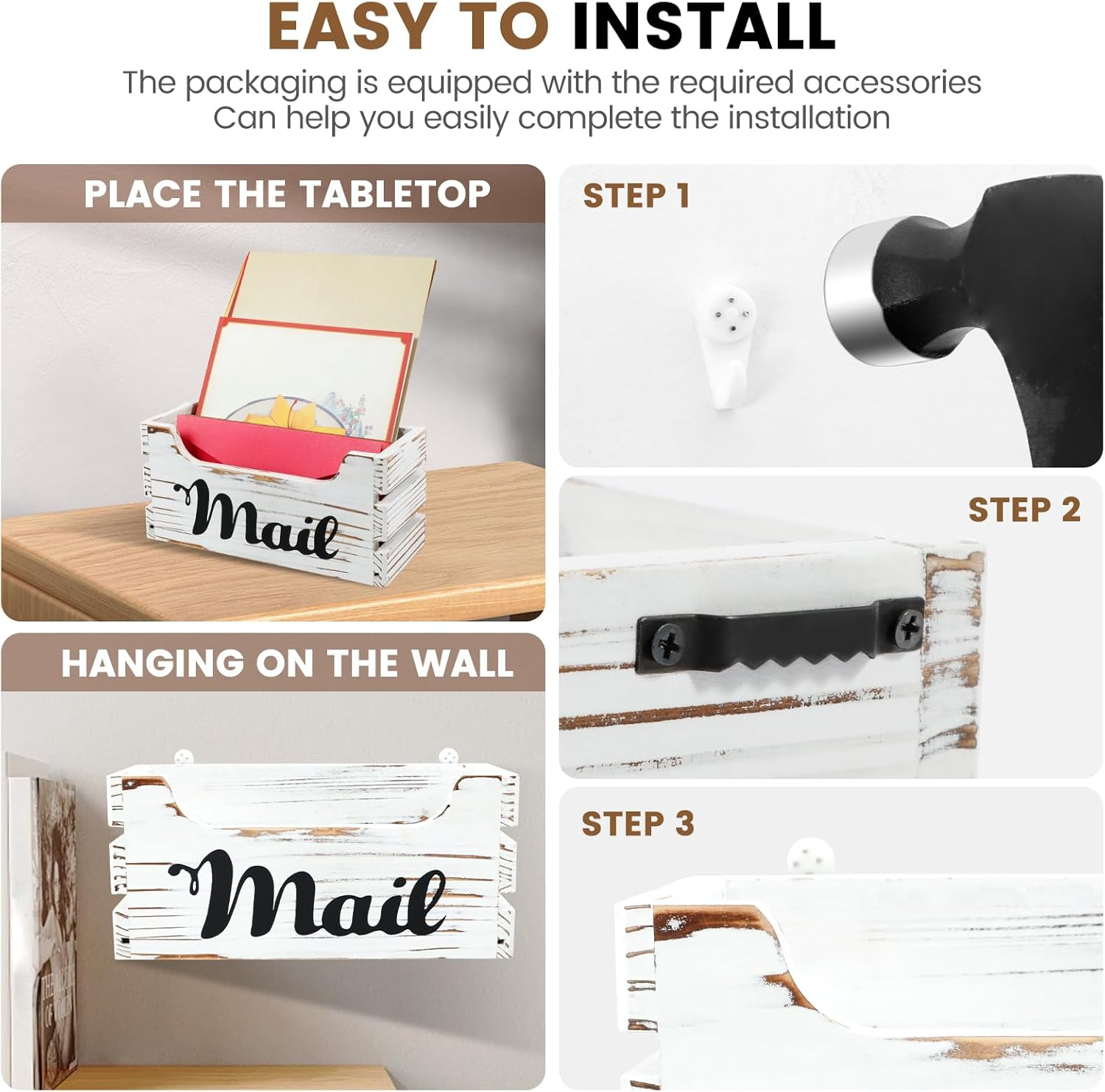 UKQRRTC Wood Mail Organizer, Vintage Mail Holder, Countertop Mail Basket, Wall Mount Mail Organizer Box for Office Home (White) image number 6