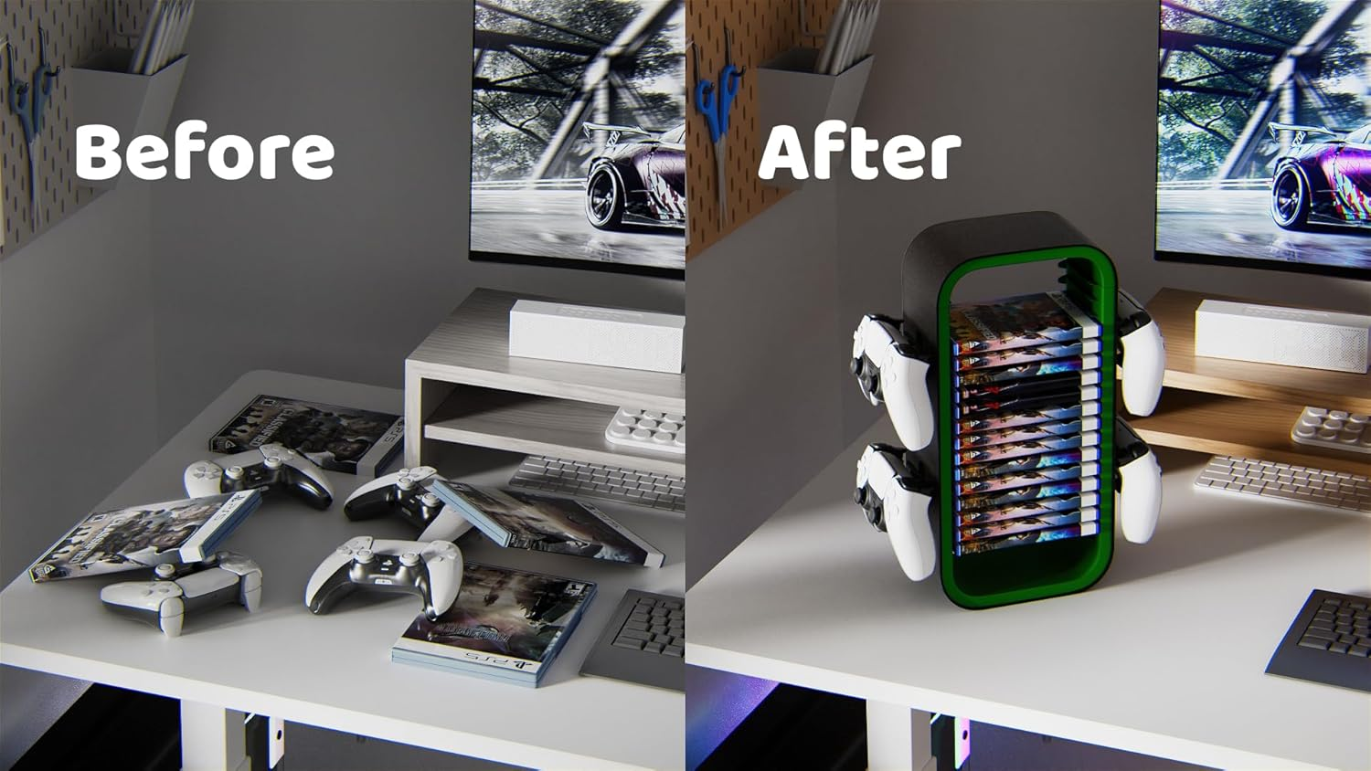 Oyo-1【40Cm】Game Storage Tower Compatible with PS5/ Xbox Series S & X/Switch, Universal Video Games Discs Organizers 18 PCS with 4 Controllers Holder, Game Disk Box Stand. (Black/Green) image number 6