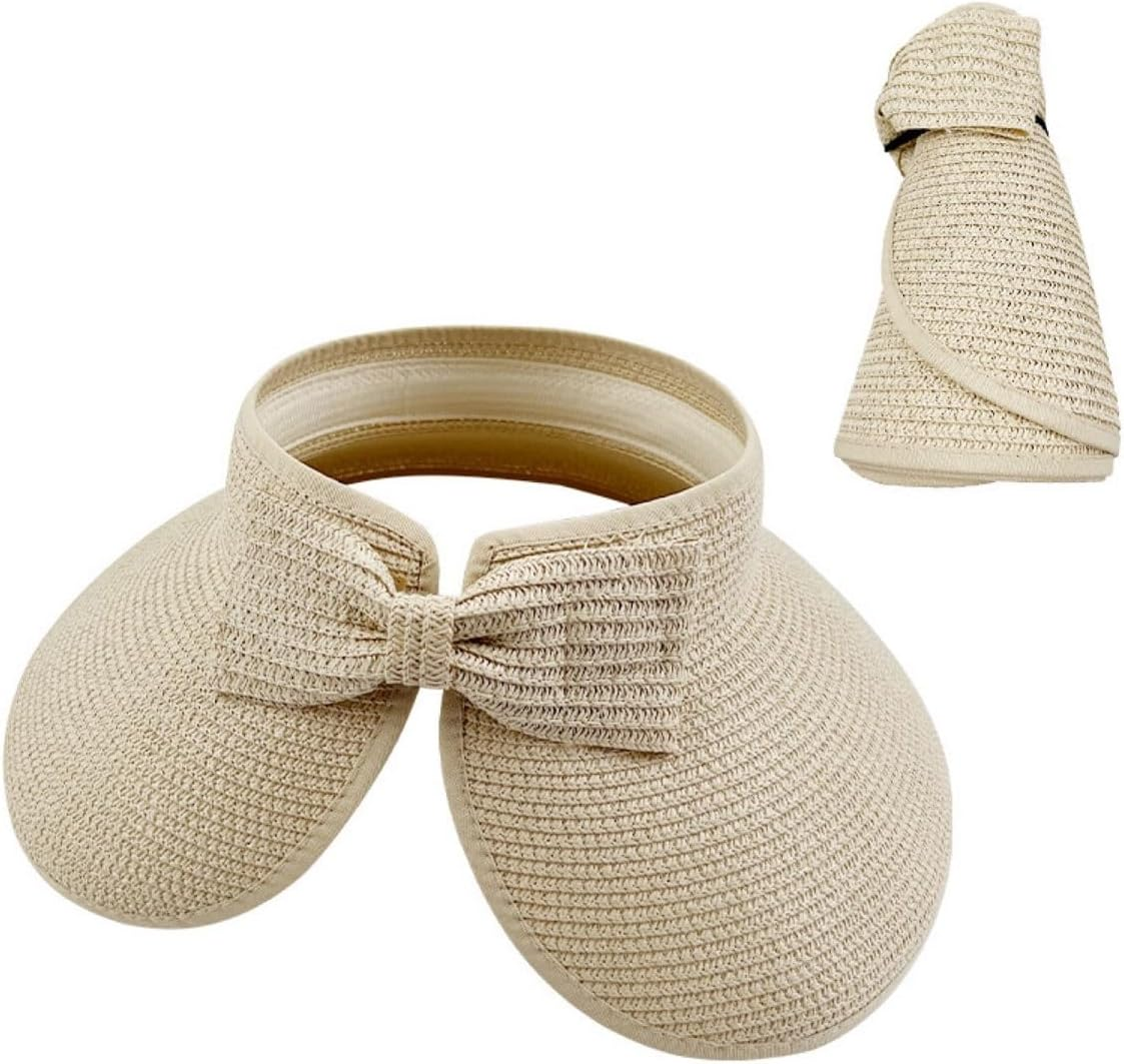 AIMALL Foldable Summer Straw Hat, Korean Style Bow Design, 22-23.62 Inch Adjustable, UV Protection, Lightweight & Travel-Friendly Wide-Brim Visor for Women