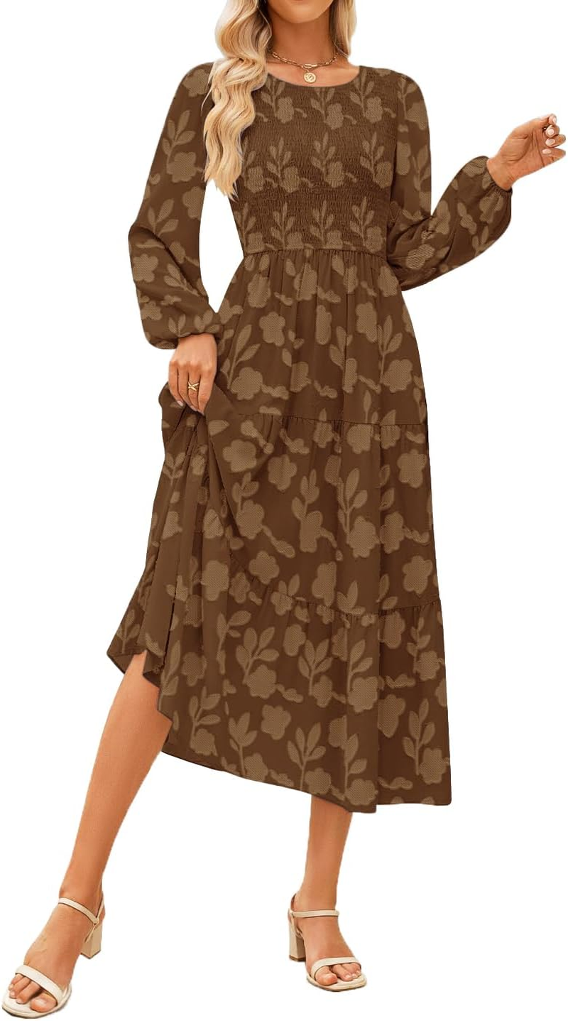 Women'S Nursing Dresses Fall Boho Floral Maxi Dress Breastfeeding Long Sleeve Crewneck Wedding Guest with Pockets image number 3