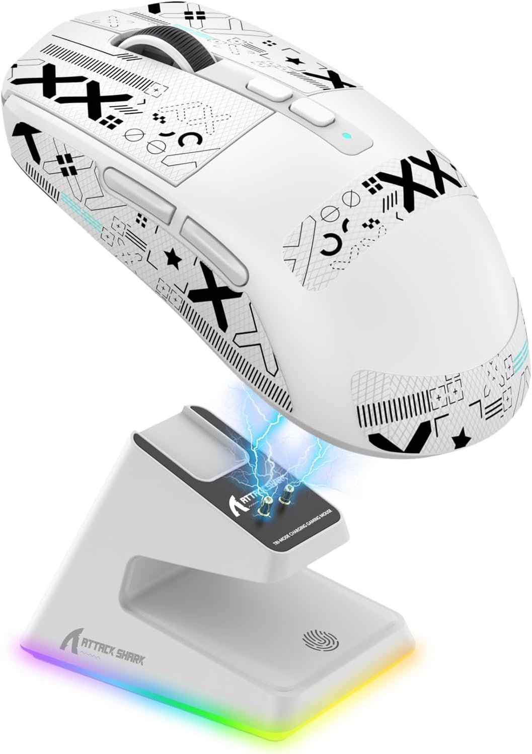 MAMBASNAKE ATTACK SAHRK X6 Wireless Gaming Mouse,49G Ultralight RGB Magnetic Charging Base,Tri-Mode 2.4G/Bt5.2/Wired,Paw3395 Sensor 26KDPI, G502 Programmable Mice for Win/Mac-White&Tape