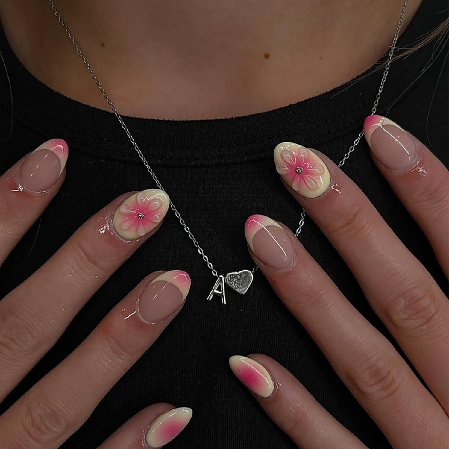 RIICFDD 24 Pieces Almond Style Short False Nails with French Tip, 5D Flower, Drawings, Yellow Tips, Bright Pink Acrylic for Women image number 6