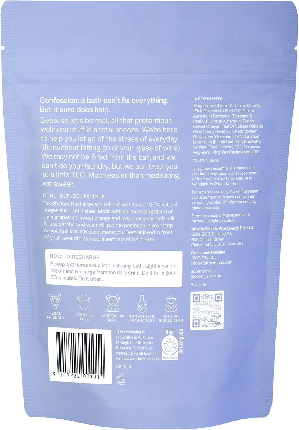 Epzen Recharge Soak Magnesium Bath Salts - Natural Epsom Salt Flakes with Grapefruit, Sweet Orange & May Chang Oils - Muscle Relaxation & Refuelling Bath Soak - 500G image number 1