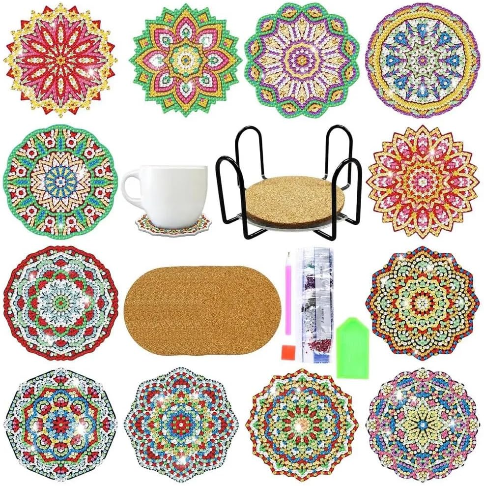 12Pcs 5D Diamond Painting Coasters round Mandala Medallion Coasters DIY Diamond Coasters Kit with Holder image number 1