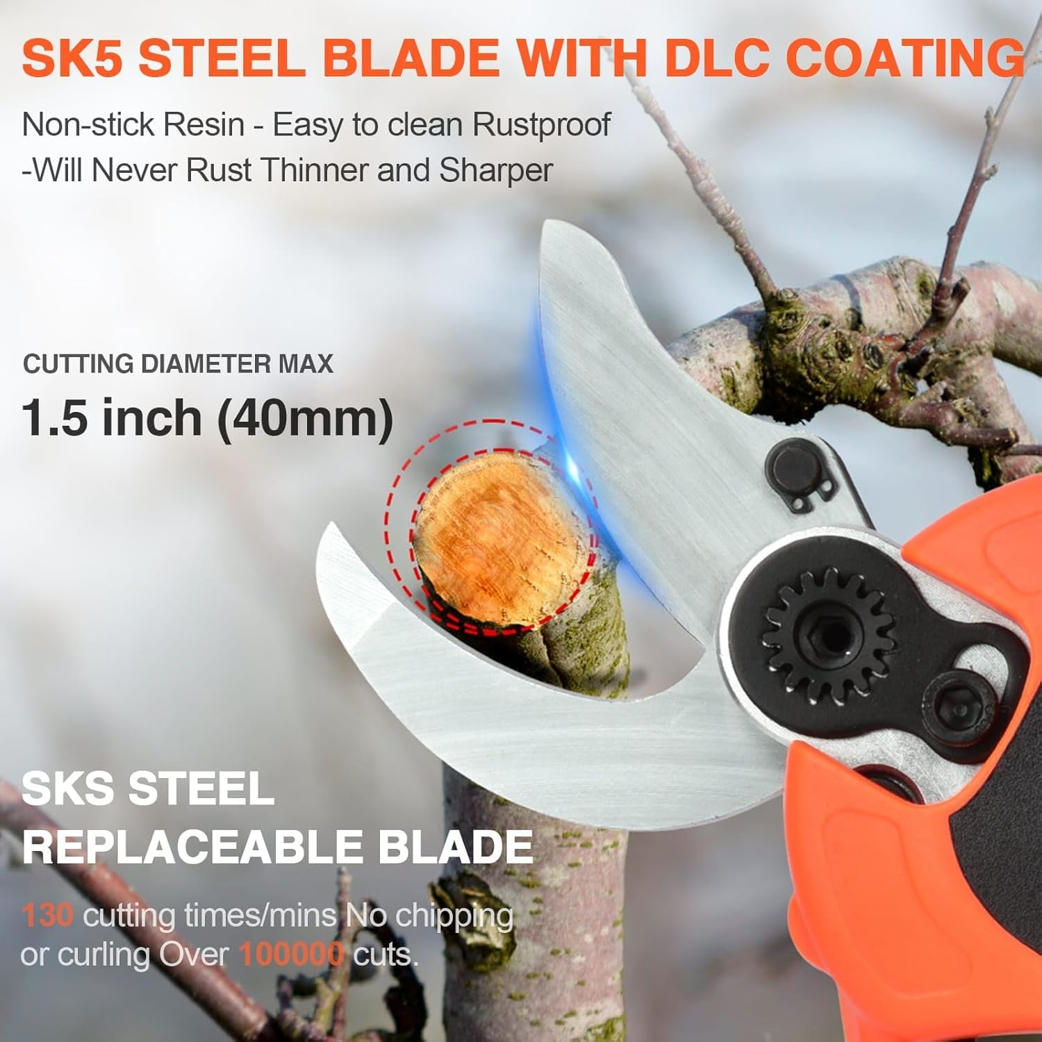 Electric Pruning Shears, 40Mm Cutting Diameter Cordless Power Pruner for Gardening with 2Pcs 2000Mah Rechargeable Batteries & Replacement Blades Set, Tree Pruner Branch Cutter image number 4