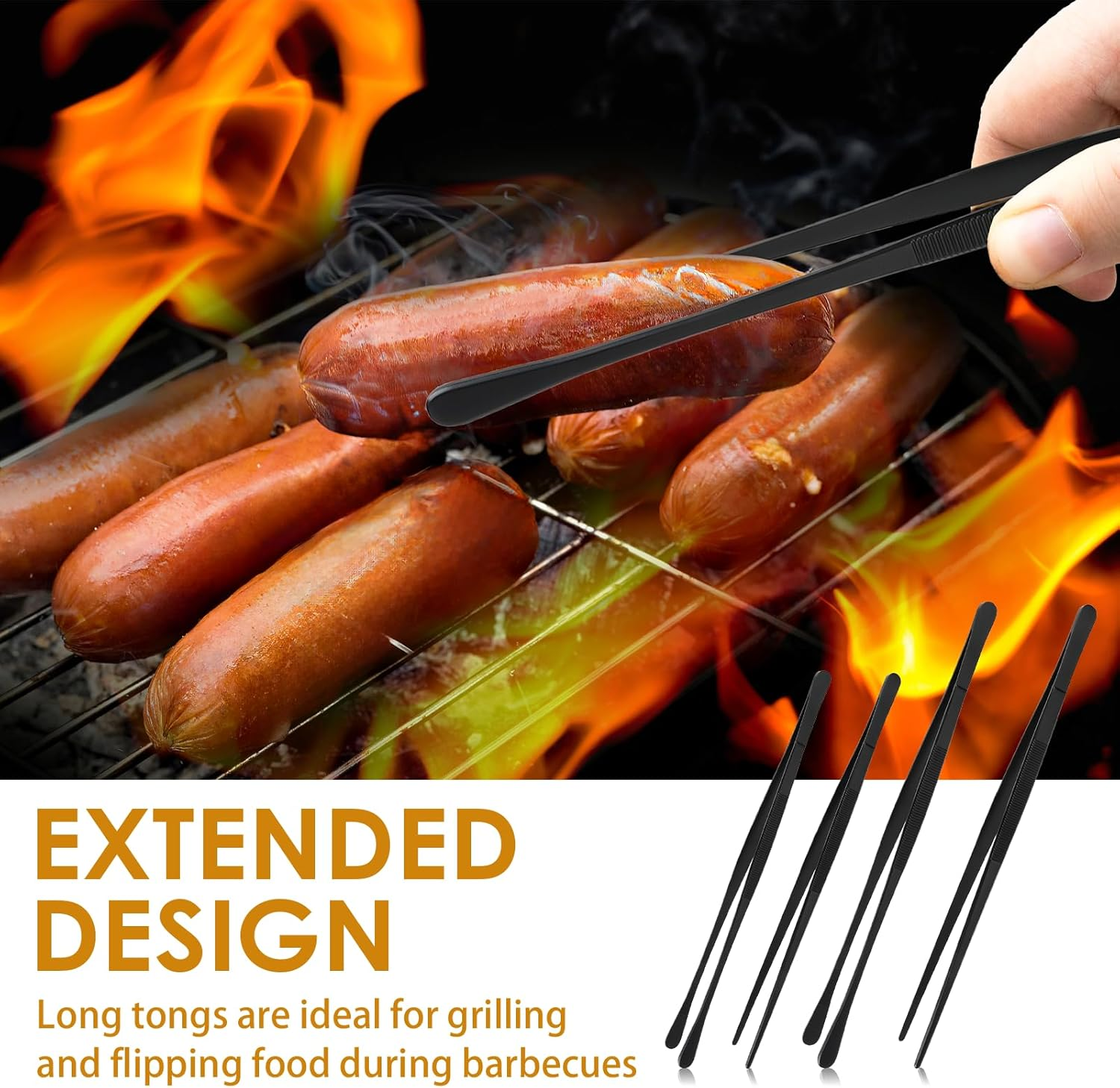 AIAOO 4-Pack Kitchen Tweezers Tongs, Black Stainless Steel Cooking Tweezers - 30Cm Straight/Round & 25Cm Straight/Round Heads, Non-Slip for BBQ, Culinary Use, Kitchen Tools & Gadgets