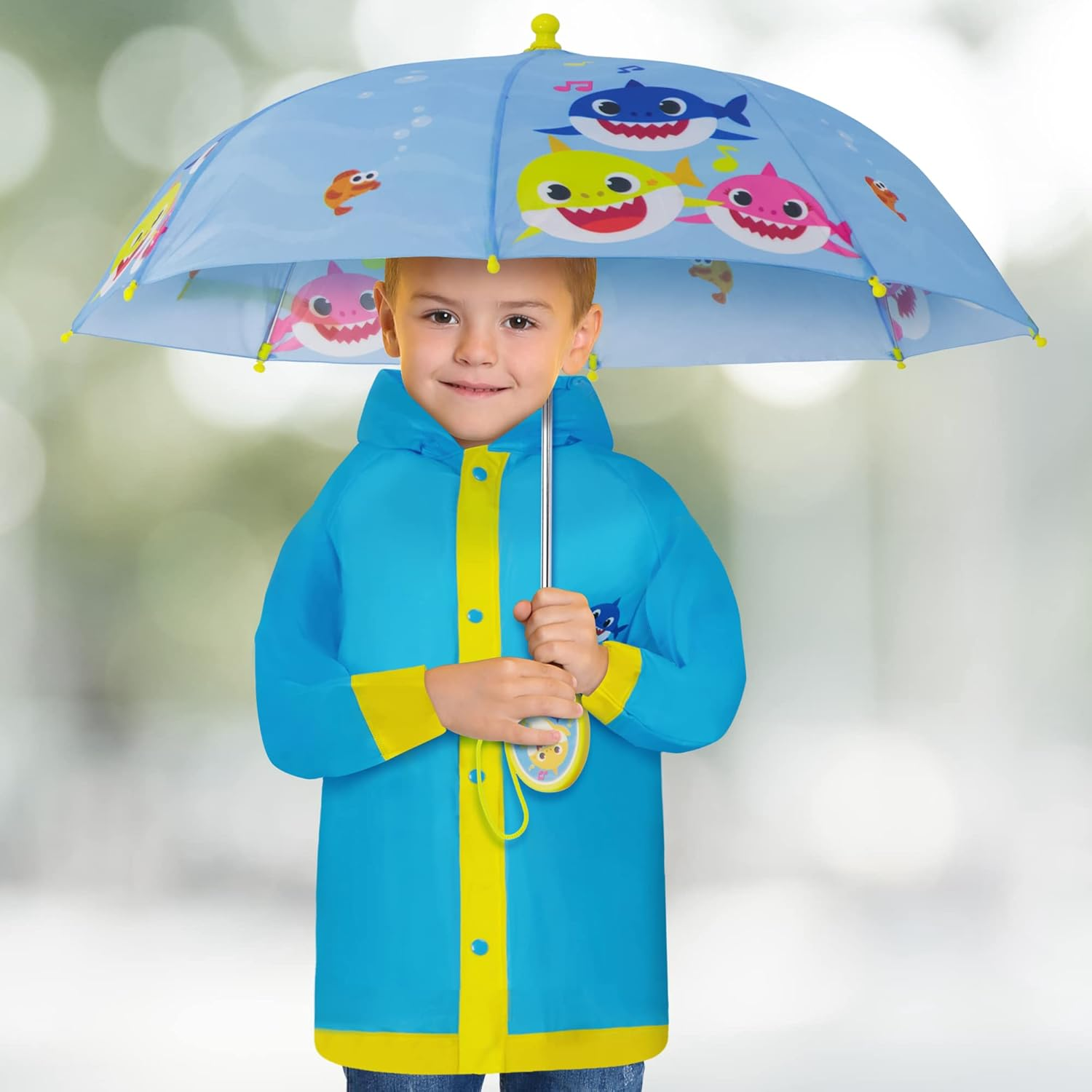 Baby Shark Kids Umbrella and Slicker, Rainwear Set for Boys and Girls, Blue/Yellow, Age