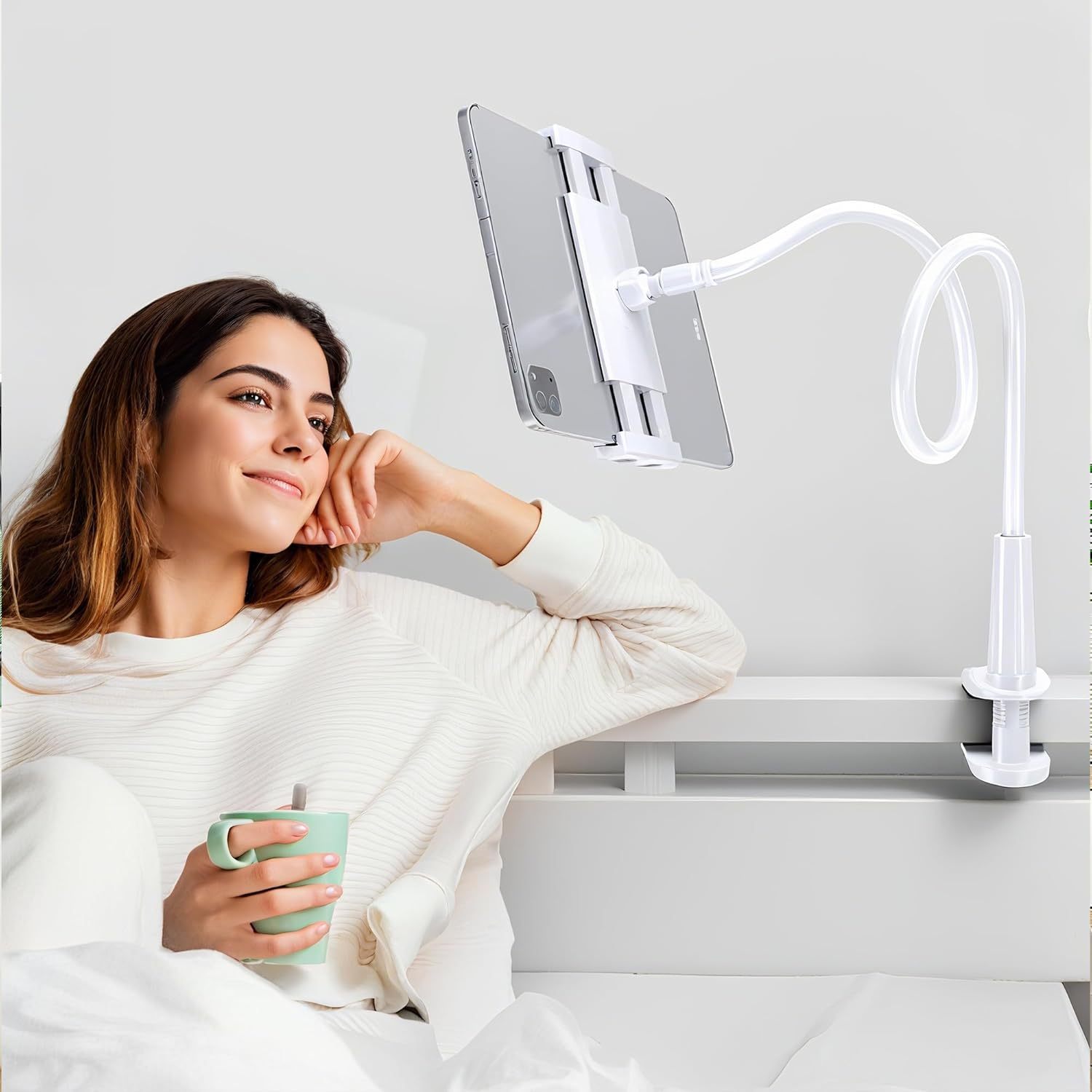 Gooseneck Phone Holder for Bed & Desk, Flexible Long Arm 360 Adjustable Clamp Clip Mount for Iphone Kindle Androids, Overhead Bedside Phone Stand, Ideal for Reading & Filming (White) image number 1