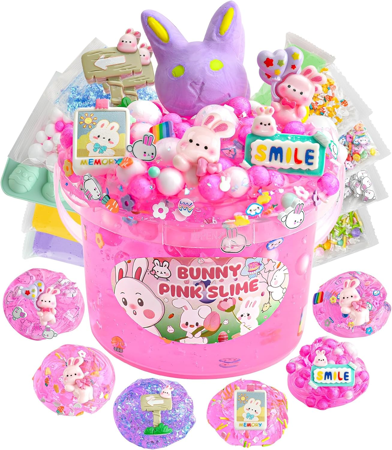 Bunny Clear Slime 300Ml, Pink Clear Slime Kit for Girls Ages 8-12 with 8 Add-Ins, Slime for Kids Party Favors, Non Stick Slime with Easter Eggs Clay, Birthday Halloween Christmas