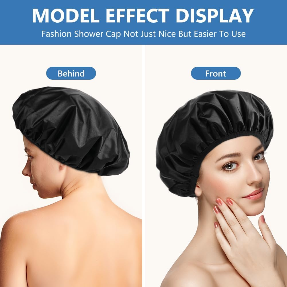 AOGOE Women'S Shower Cap, Hair Turban Towel, 2-In-1 Elastic Shower Cap, Absorbent Turban Hair Drying Towel, Quick-Drying, Waterproof, Reusable for Girls Women Ladies Salon (Black) image number 2
