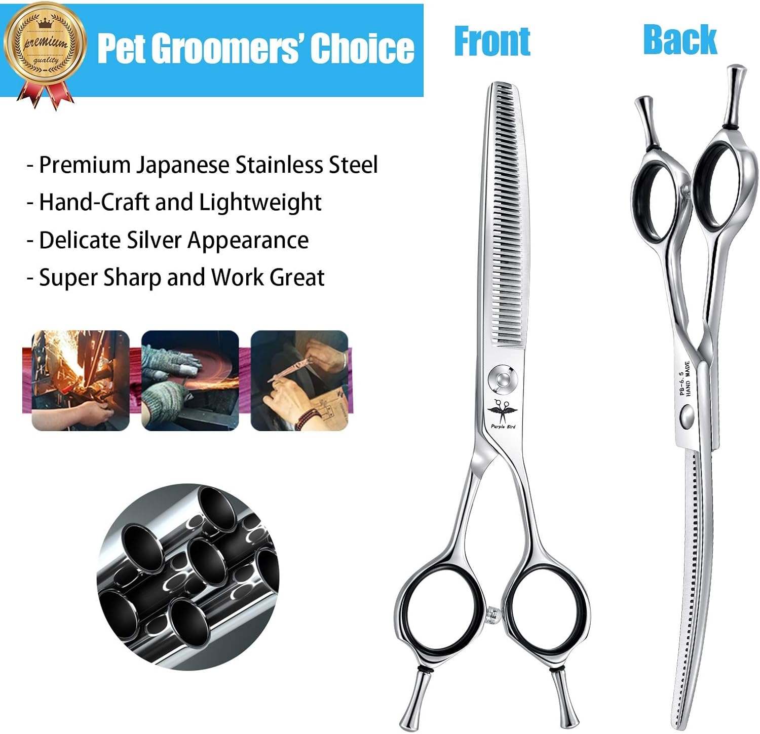 PURPLEBIRD 6.5 Inch Downward Curved Dog Grooming Scissors Pet Thinning Texturizing Shears Professional Safety Blunt Tip Trimming Shearing for Dogs Cats Face Paws Limbs Japanese Stainless Steel Silver image number 2