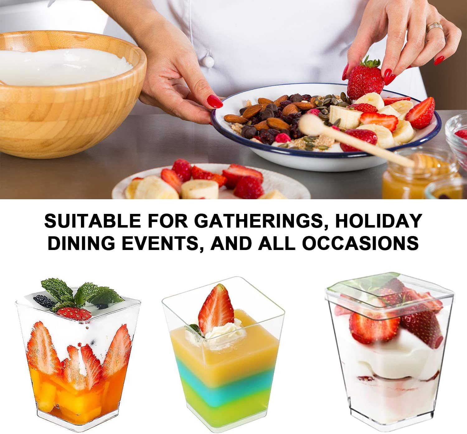 50 Pcs Dessert Cups, 150Ml/5Oz Mini Clear Plastic Cups with Lids & Spoons, Small Reusable Dessert Cups, Washable Clear Dessert Cups for Mousse, Pudding, Ice Cream, Desserts, Drinks, Etc. (Square) image number 2