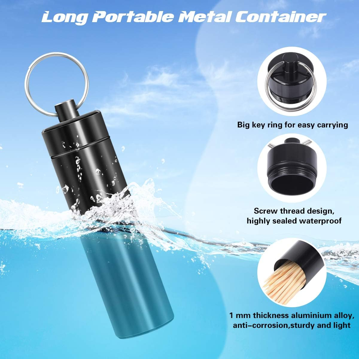Minisland Large Portable Metal Aluminum Toothpick Holders Keychain Pocket Outdoor Travel Small Q-Tips Pill Containers Waterproof Dia.23Mm Silver and Black Set -MSL144 image number 5