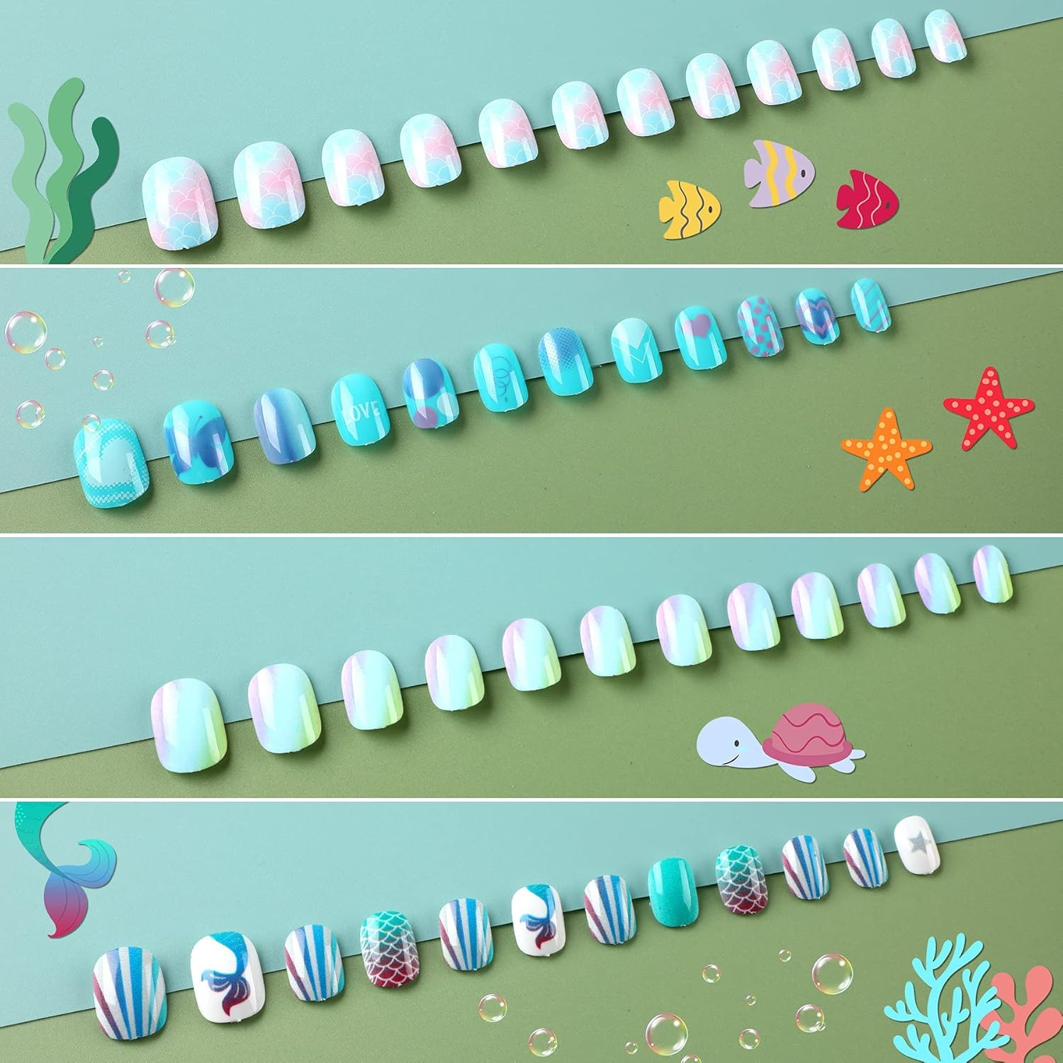 96 Pcs Kids False Nail Press on Nails Kids Full Cover Short False Nails Children Nail Tips Lovely Gift for Kids Little Girls Nail Art Decoration (Blue Theme) image number 4