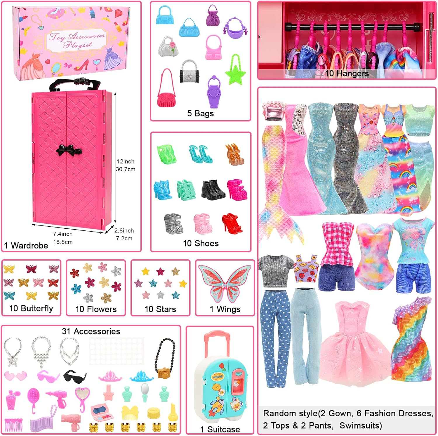 Barwa 101 Pcs Wardrobe Closet Doll Clothes Accessories Suitcase Mermaid Swimsuits Dresses Shoes Hanger Crown Necklace Doll Accessories for 11.5 Inch Girl Dolls Toys Gifts for Girls image number 4