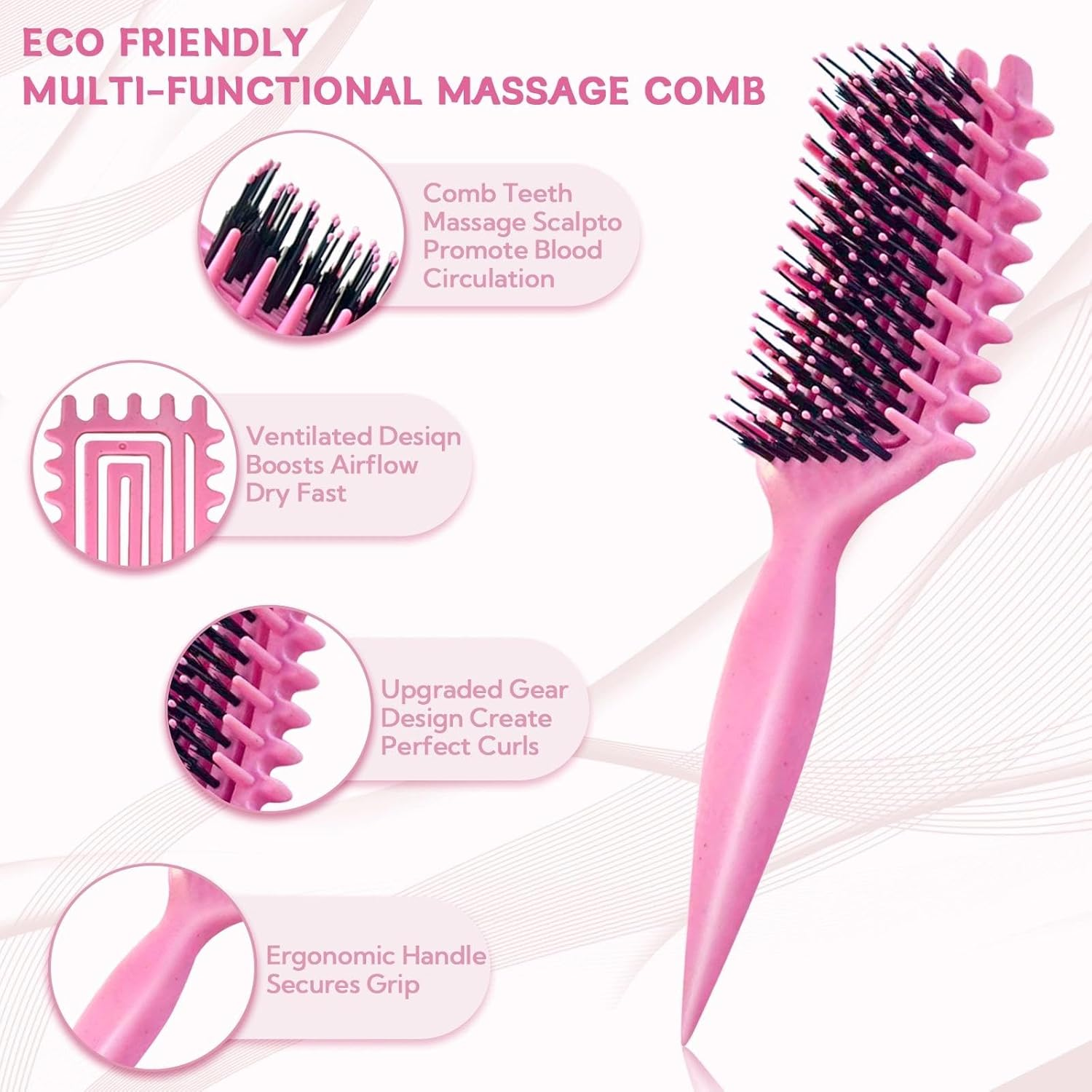 Zikenis Curling Brush, Curly Hair Brush with Ergonomic Handle, Hair Brush for Combing and Shaping, Unisex, Reduces Pulling and Curl Removal, for Defined Trendy Curls (Pink) image number 6
