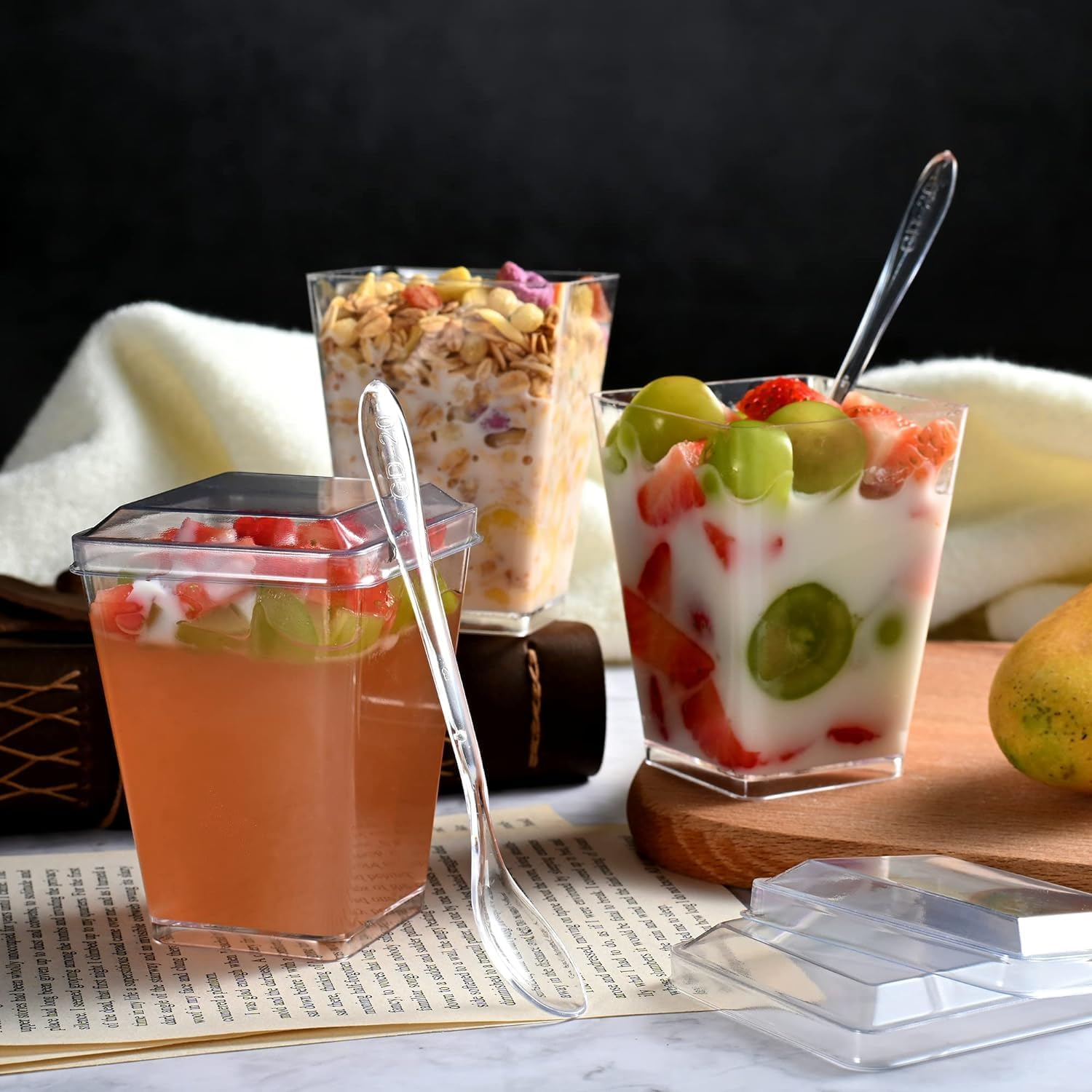50 Pcs Dessert Cups, 150Ml/5Oz Mini Clear Plastic Cups with Lids & Spoons, Small Reusable Dessert Cups, Washable Clear Dessert Cups for Mousse, Pudding, Ice Cream, Desserts, Drinks, Etc. (Square) image number 6